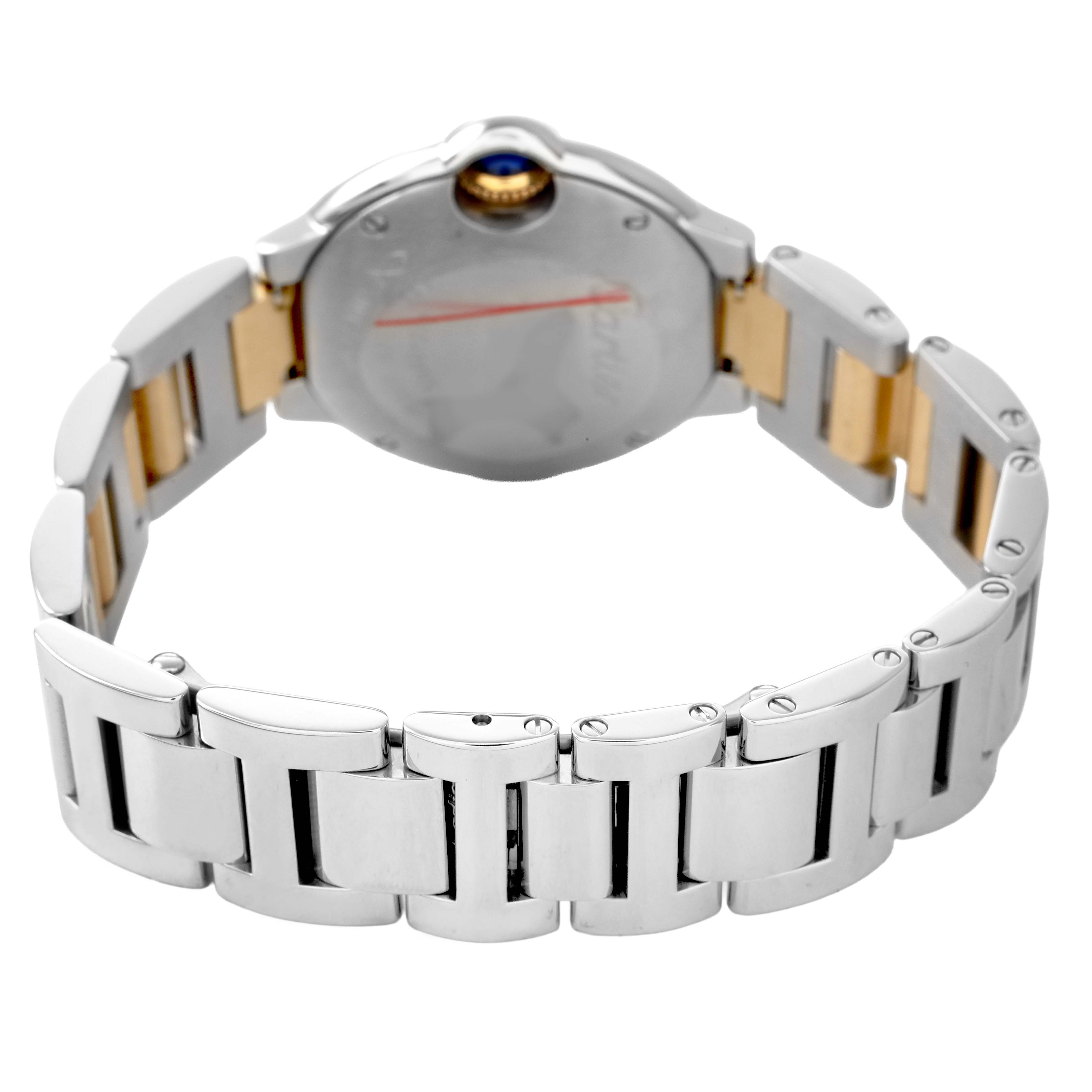 The image shows the back and part of the bracelet of a Cartier Ballon Bleu W69007Z3 Women's Steel and Gold (two tone) Silver Dial watch, highlighting the clasp and links.
