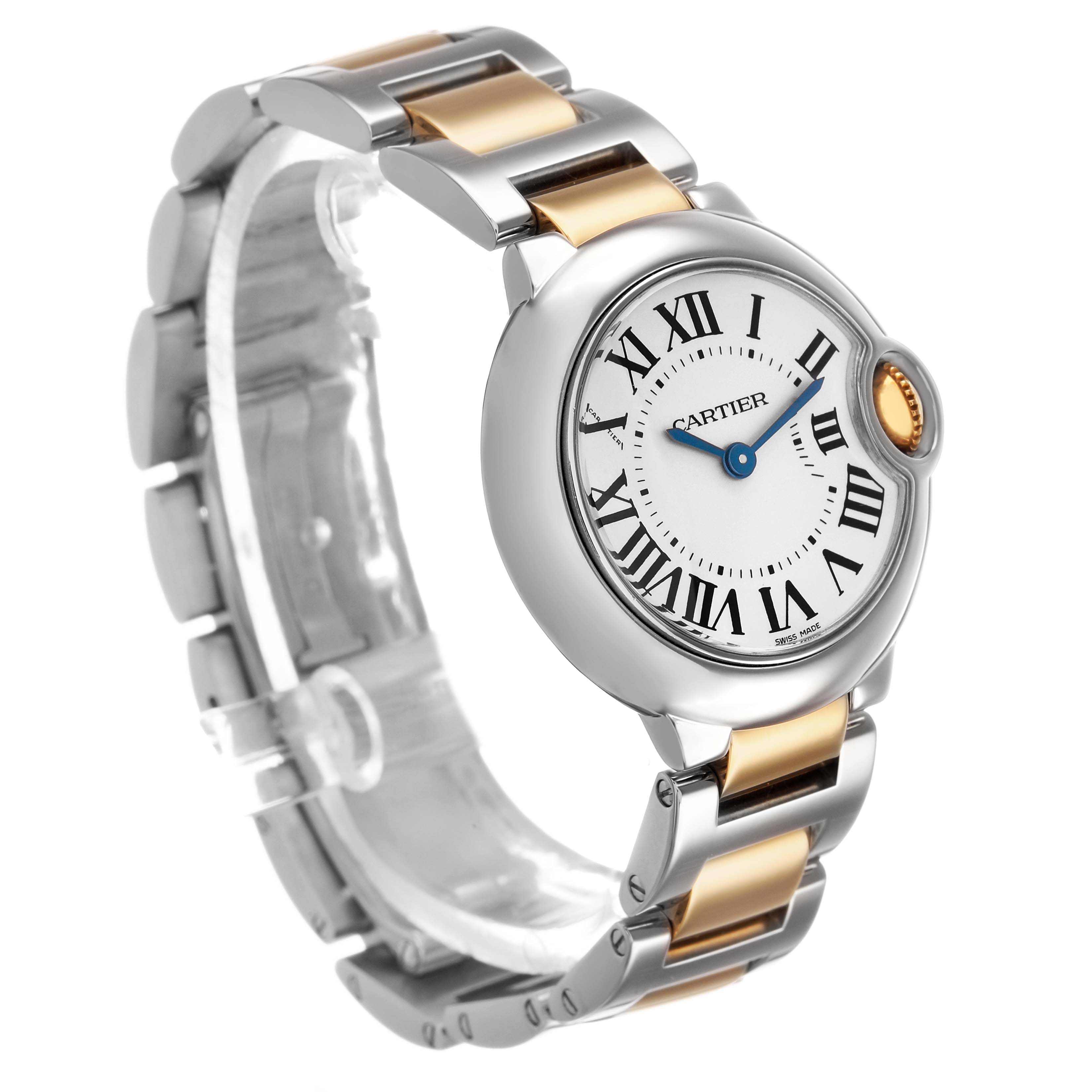 The Ballon Bleu by Cartier is shown at a three-quarter angle, displaying the watch face, Roman numeral markers, and two-tone bracelet.