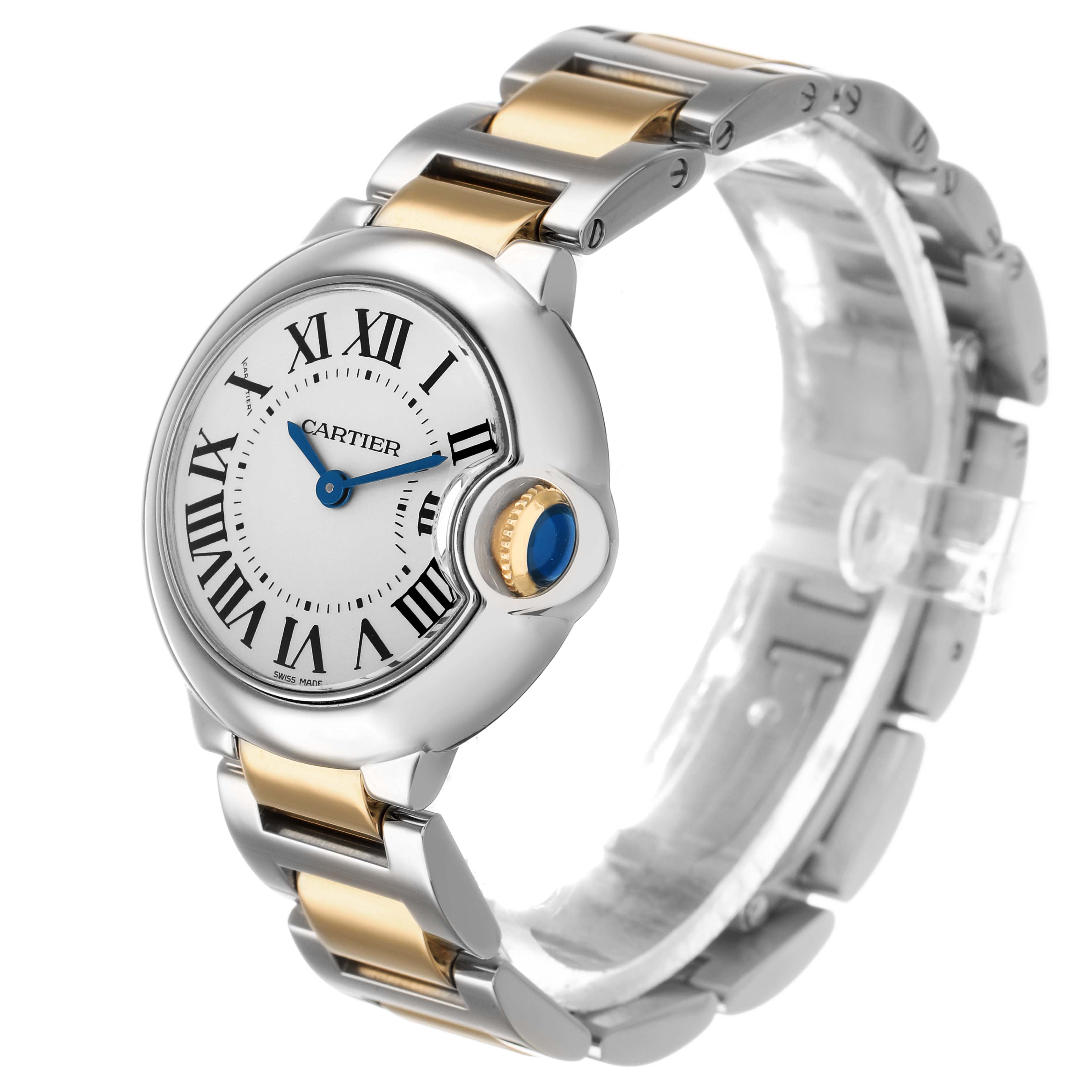 The Cartier Ballon Bleu W69007Z3 Women's Steel and Gold (two tone) Silver Dial watch is shown at an angle highlighting the dial, bezel, crown, and bracelet.