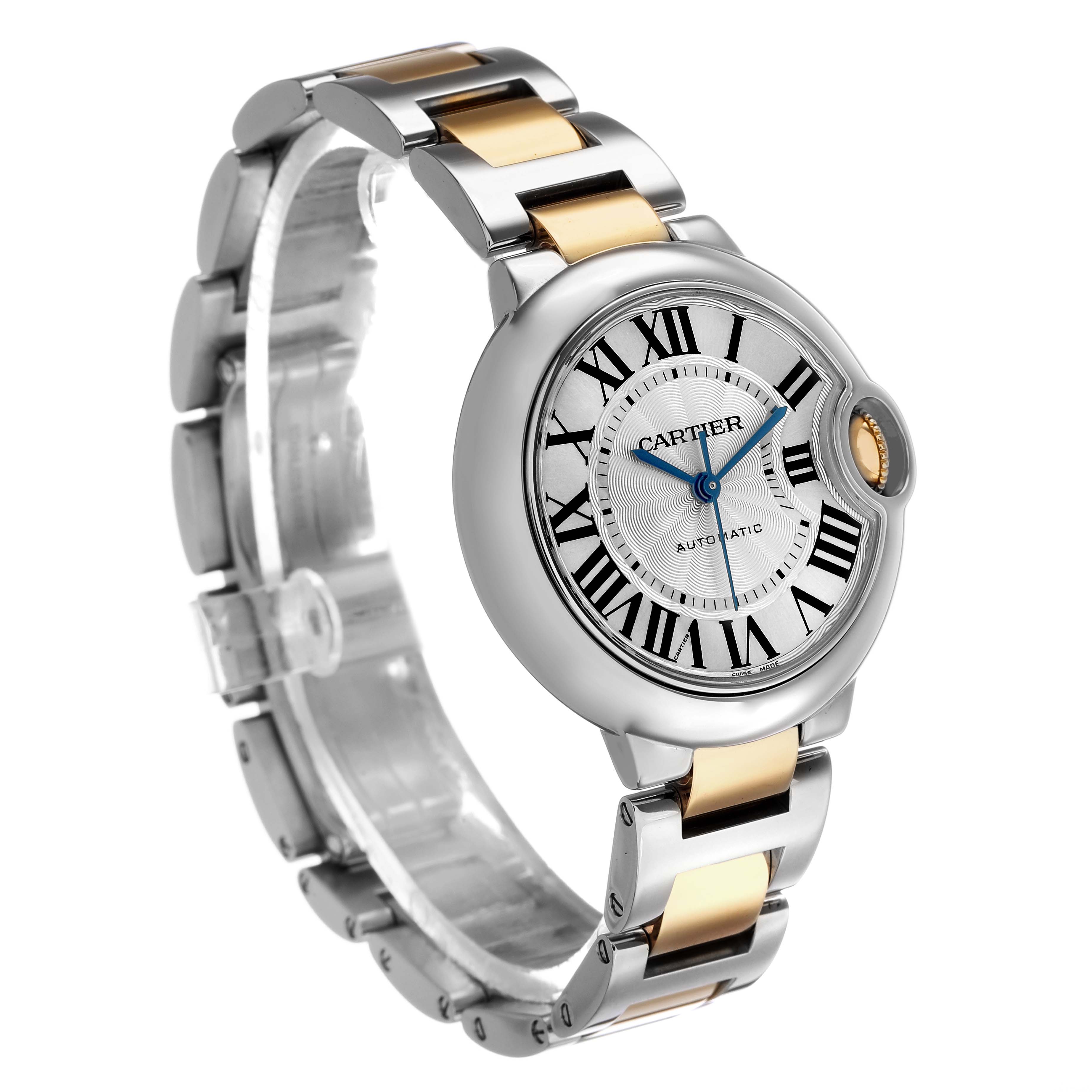 The Ballon Bleu de Cartier watch is shown at a three-quarter angle, highlighting the silver and gold bracelet and round case.