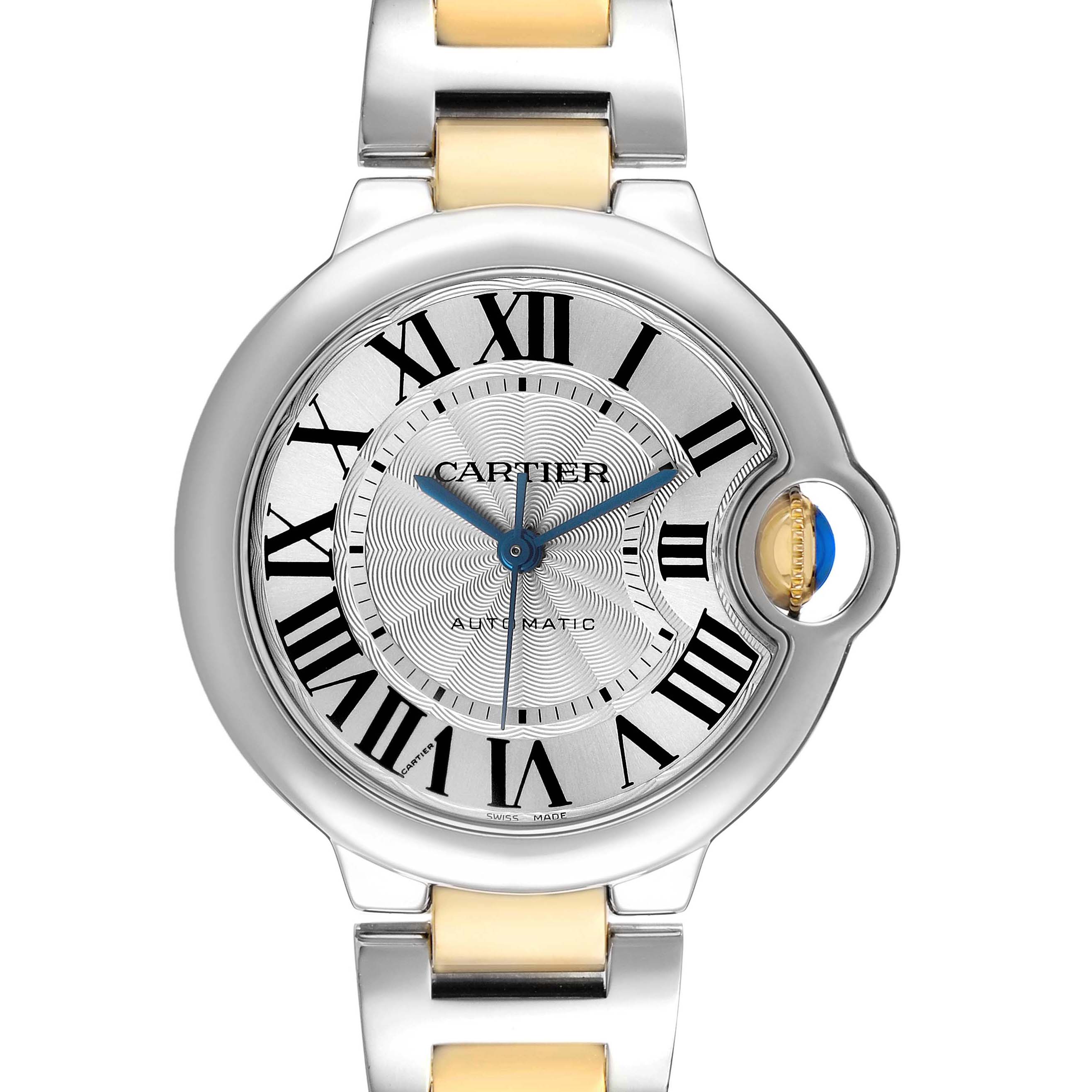 The image shows a front view of the Cartier Ballon Bleu W2BB0002 Women's Stainless Steel Silver Dial watch, highlighting the dial, crown, and part of the bracelet.