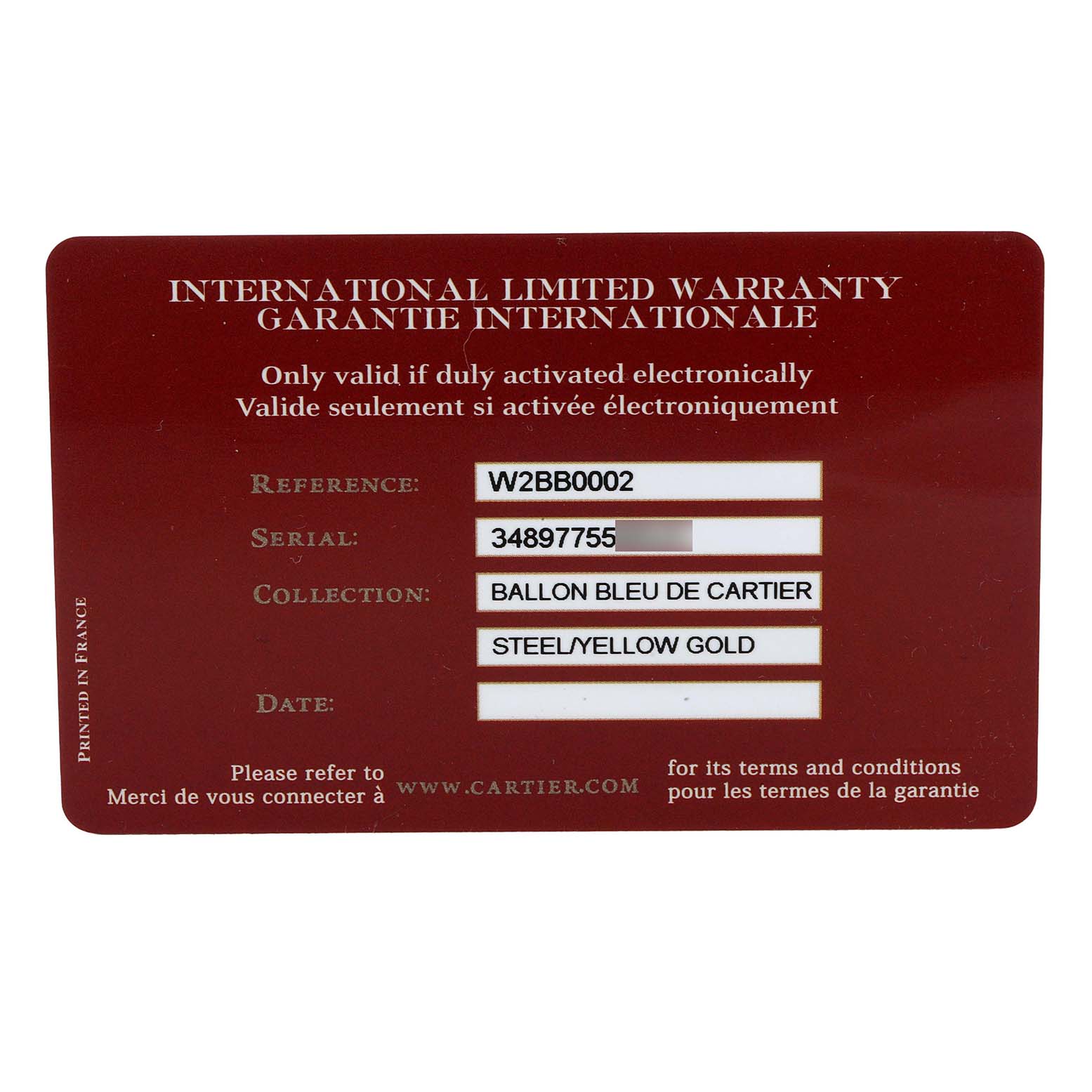 The image shows the warranty card for the Ballon Bleu de Cartier watch, detailing reference, serial, collection, and material.