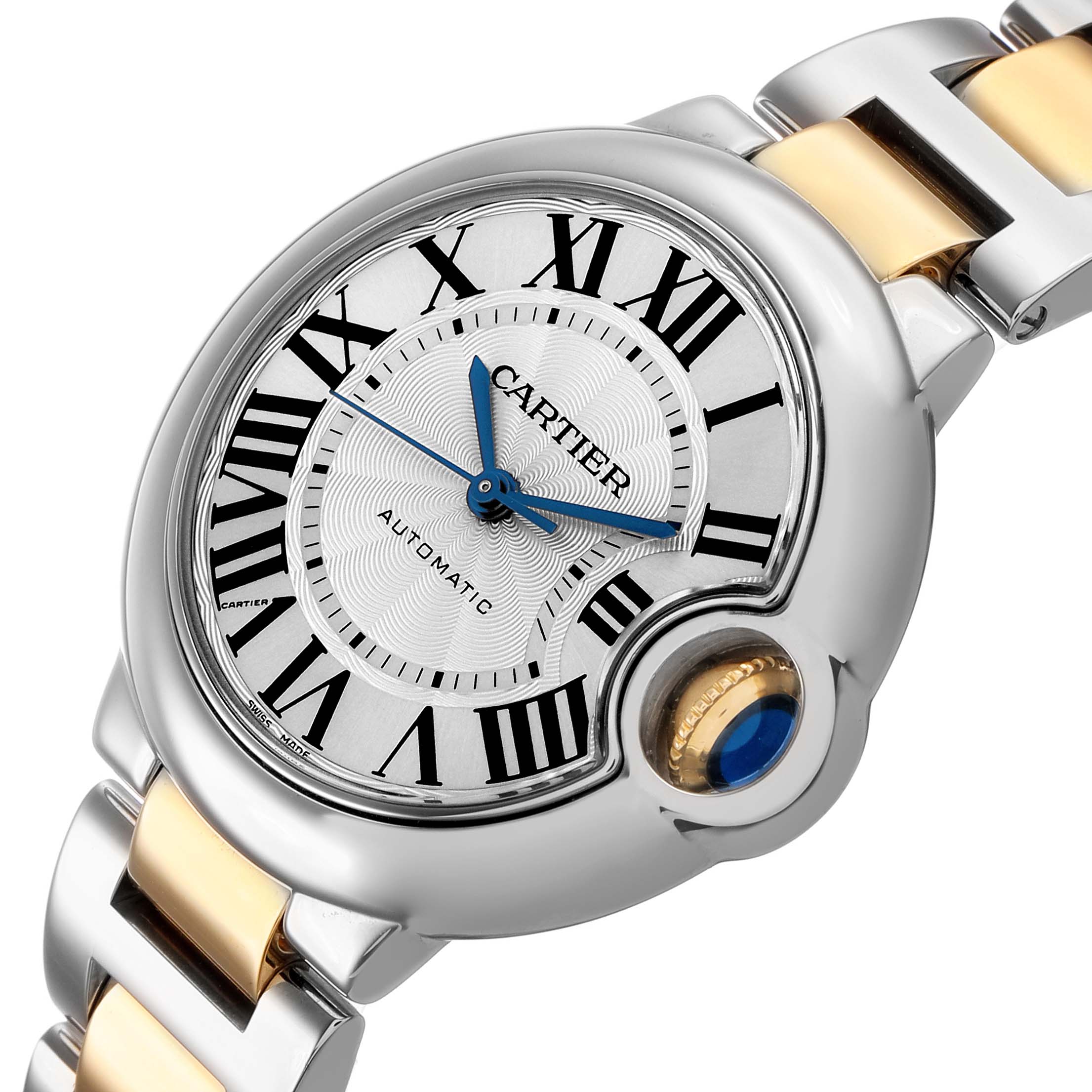 The Cartier Ballon Bleu W2BB0002 Women's Stainless Steel Silver Dial watch is shown from an angled close-up, highlighting its dial, Roman numerals, and crown.