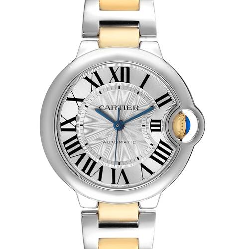The image shows a front view of the Cartier Ballon Bleu W2BB0002 Women's Stainless Steel Silver Dial watch, highlighting its dial, Roman numerals, and metallic bracelet.