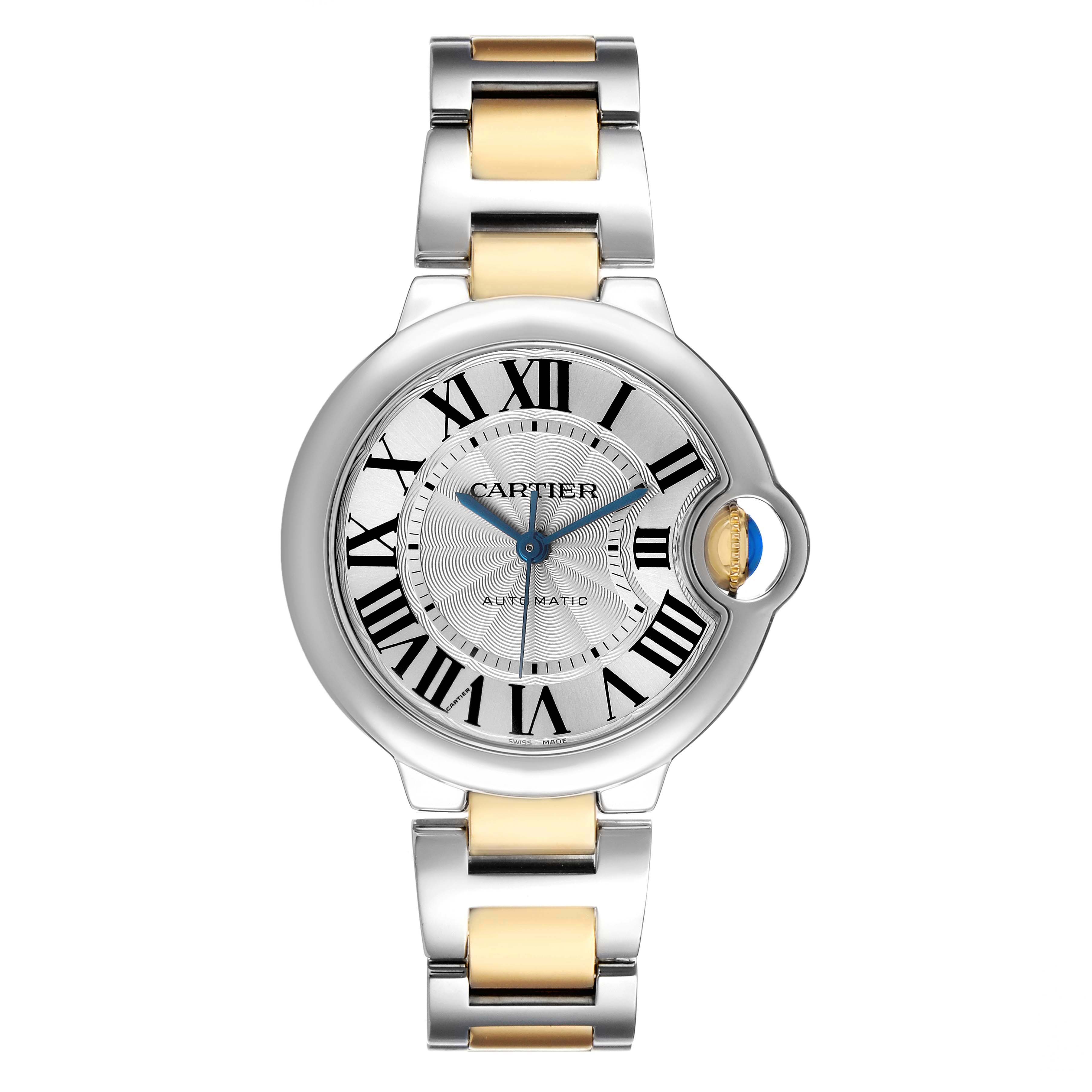 The Cartier Ballon Bleu W2BB0002 Women's Stainless Steel Silver Dial watch is shown from a front angle, highlighting its round dial, Roman numerals, and two-tone bracelet.