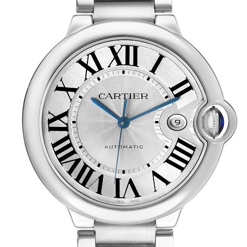 The Cartier Ballon Bleu W69012Z4 Men's Stainless Steel Silver Dial watch is shown from a front angle, highlighting its silver dial, Roman numerals, and blue hands.