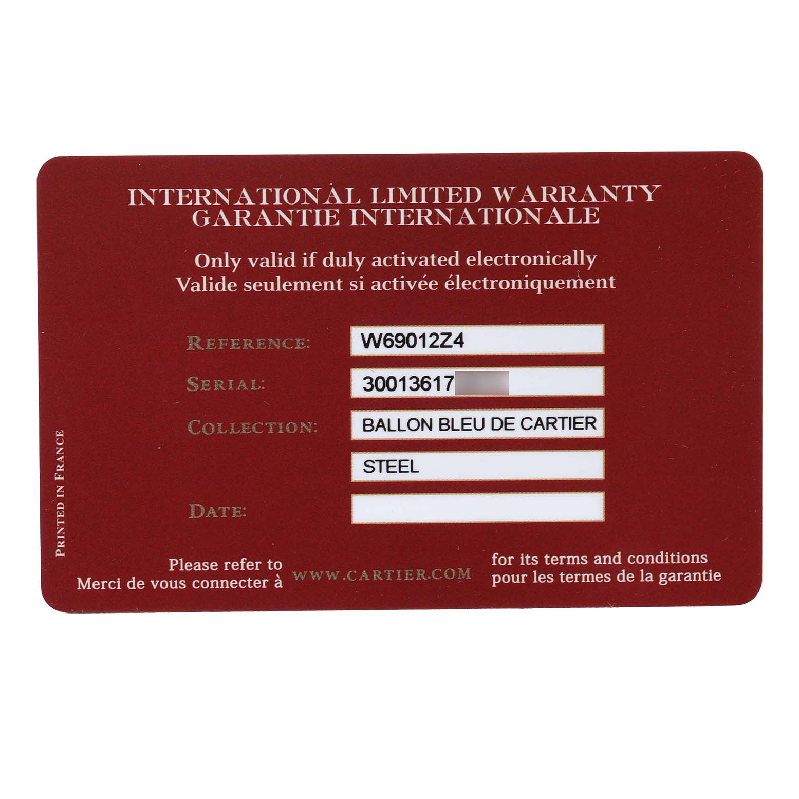 The image shows the International Limited Warranty card for the Cartier Ballon Bleu W69012Z4 Men's Stainless Steel Silver Dial watch.