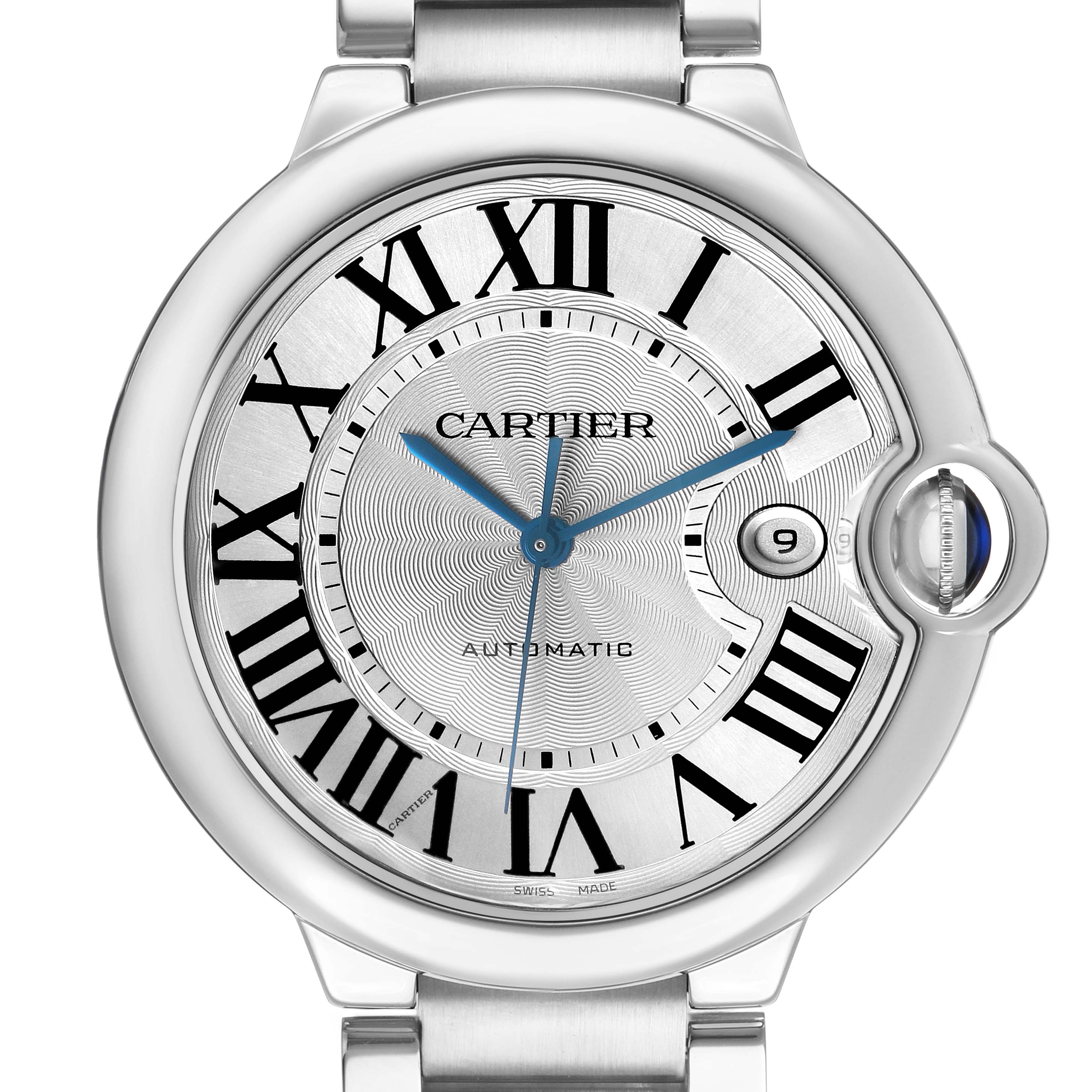 The image shows a front view of the Cartier Ballon Bleu W69012Z4 Men's Stainless Steel Silver Dial watch, highlighting its Roman numerals and sapphire cabochon crown.