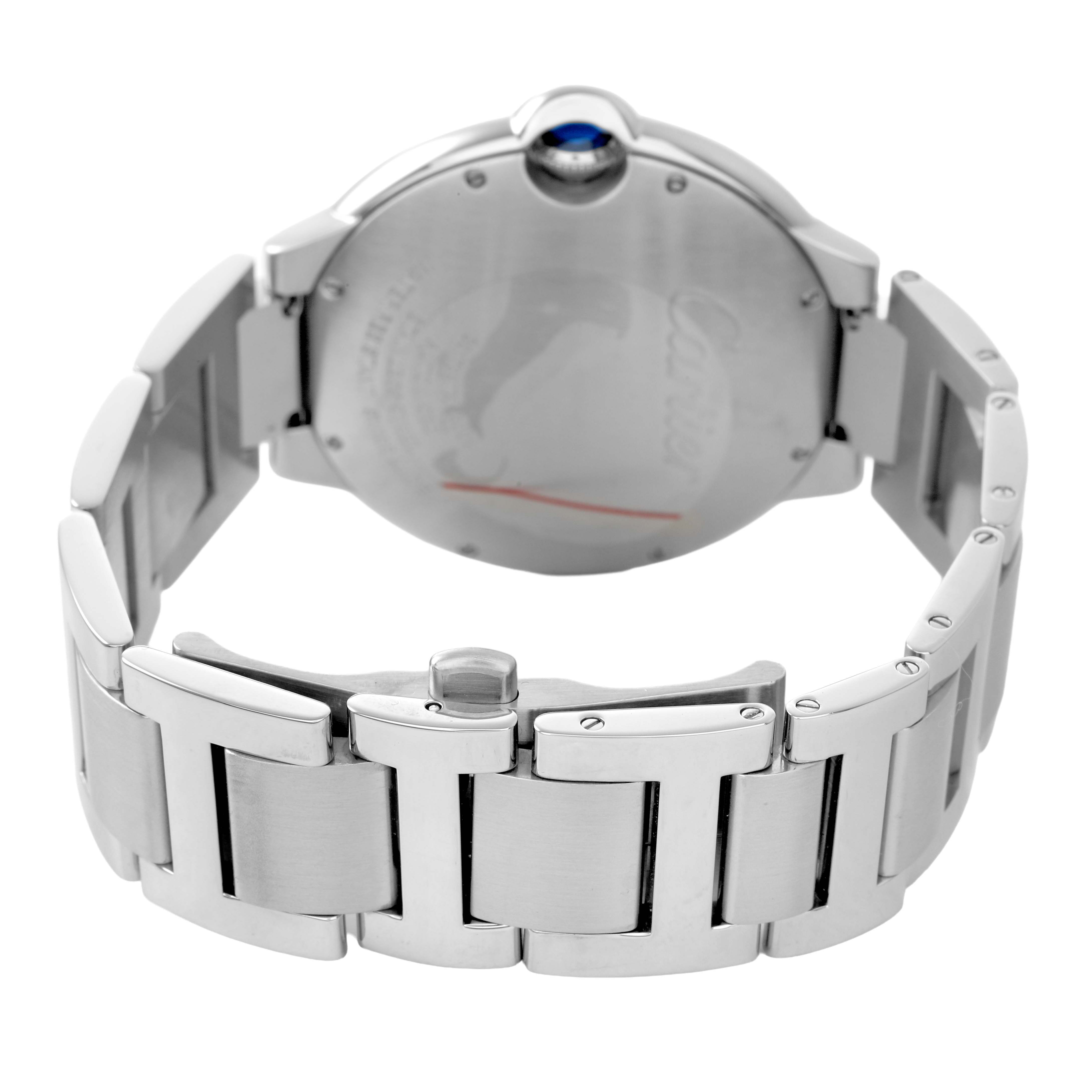 The image shows the back and bracelet of the Cartier Ballon Bleu W69012Z4 Men's Stainless Steel Silver Dial watch, highlighting the clasp and rear casing.