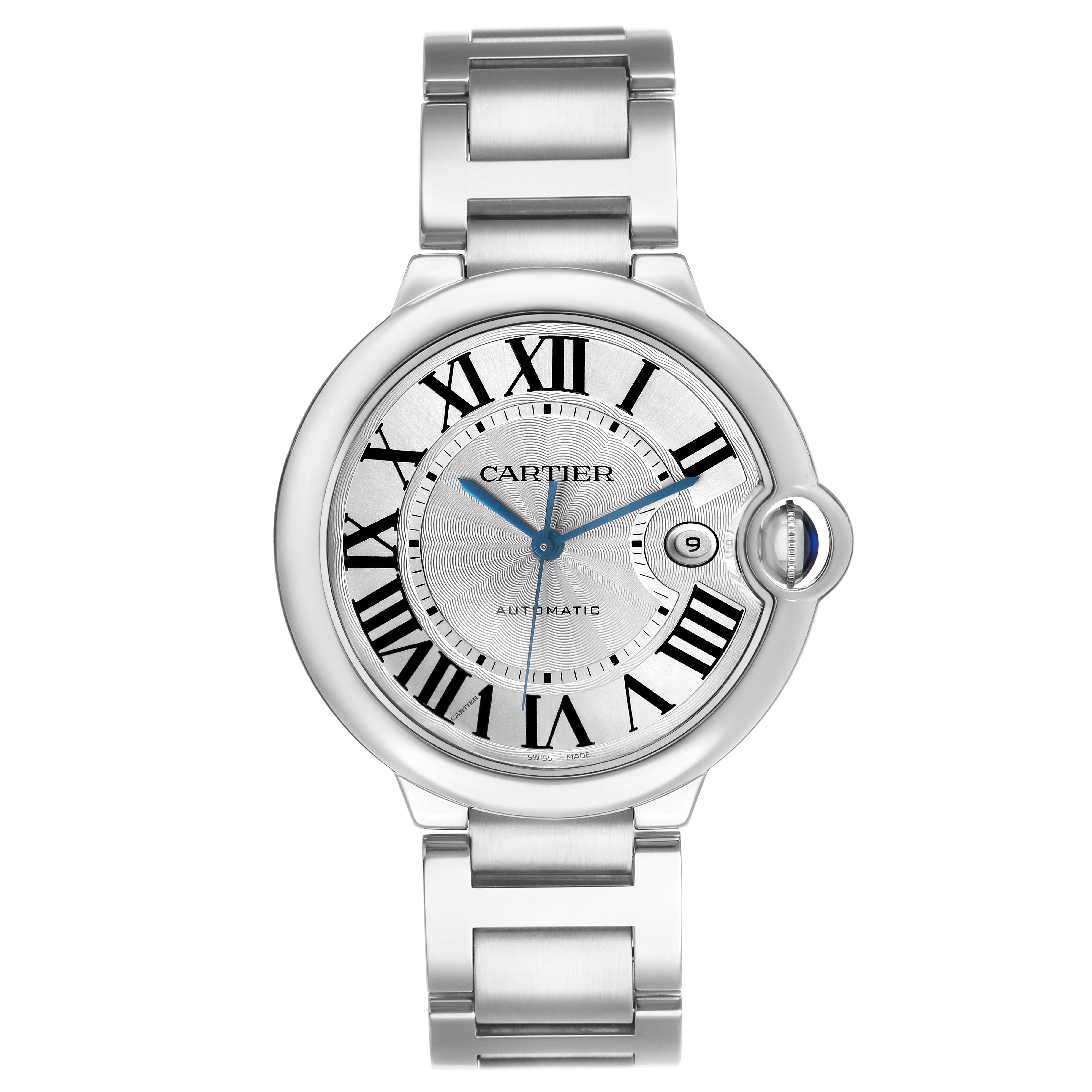 The Cartier Ballon Bleu W69012Z4 Men's Stainless Steel Silver Dial watch is shown from a top-down angle, displaying its face, bezel, and part of the bracelet.