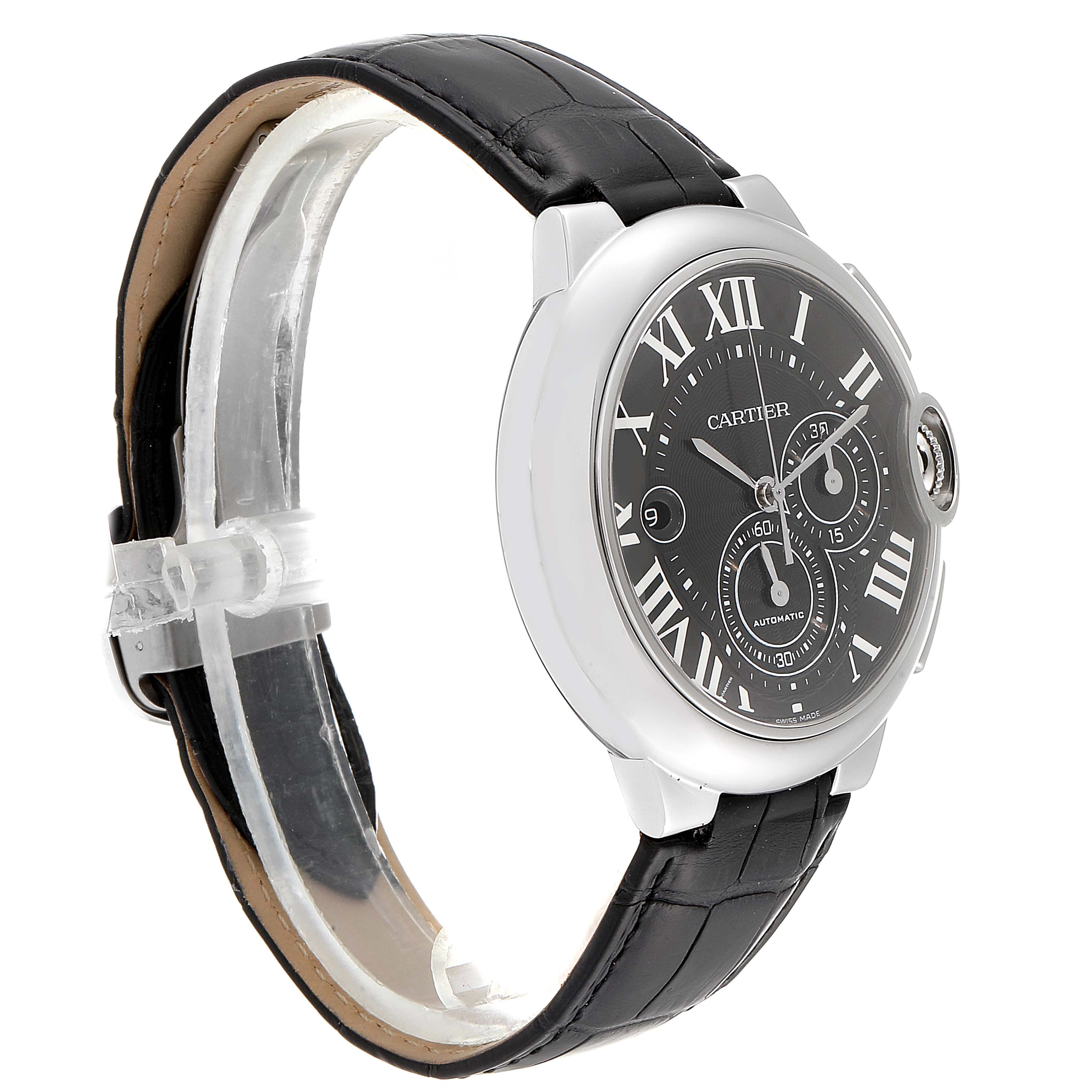 The image shows a side view of the Cartier Ballon Bleu W6920052 Men's Stainless Steel Black Dial W6920052 Men's Stainless Steel Black Dial watch, highlighting its black leather strap, round casing, and black dial with Roman numerals.