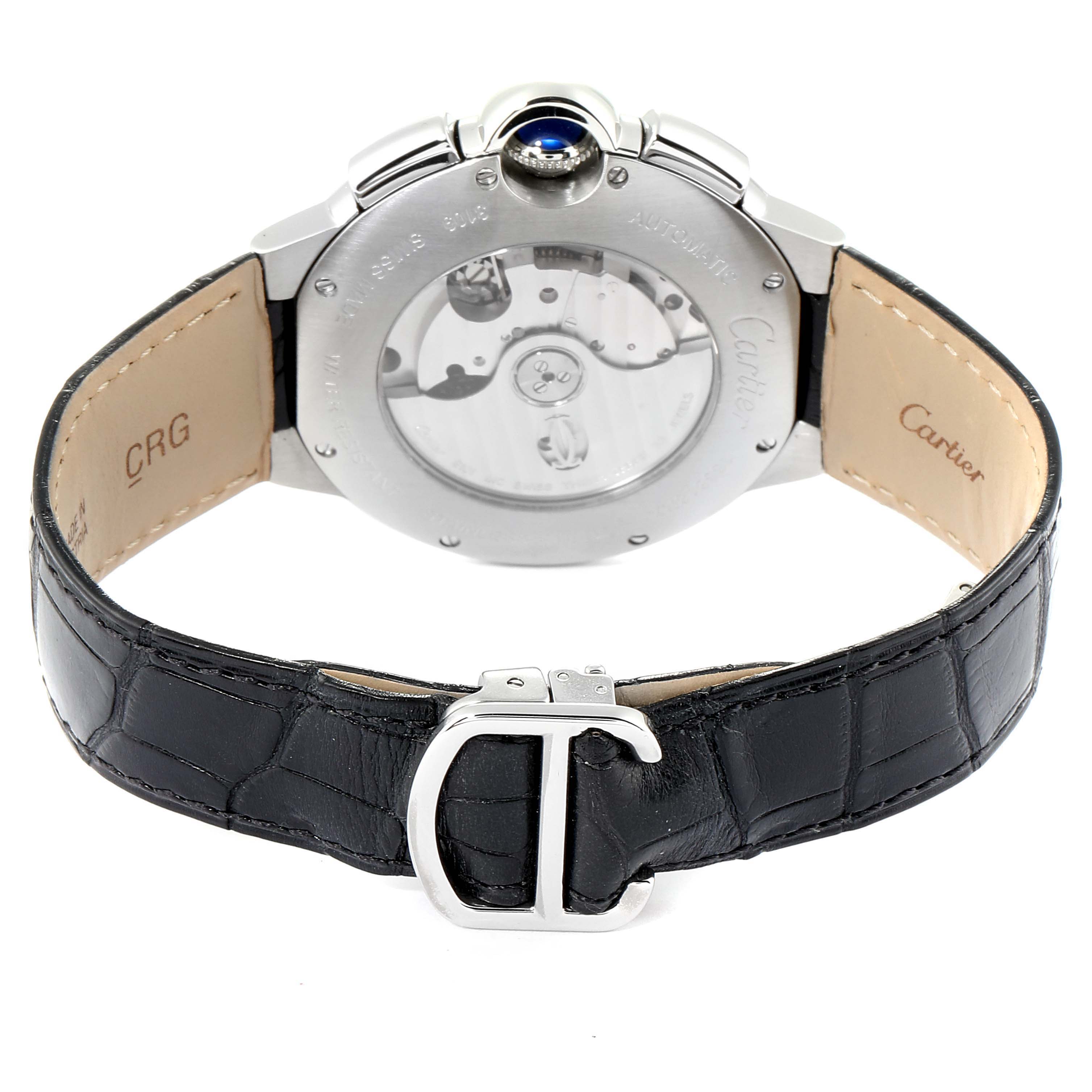 The image shows the back view of a Cartier Ballon Bleu W6920052 Men's Stainless Steel Black Dial W6920052 Men's Stainless Steel Black Dial watch, highlighting the automatic movement and the leather strap.