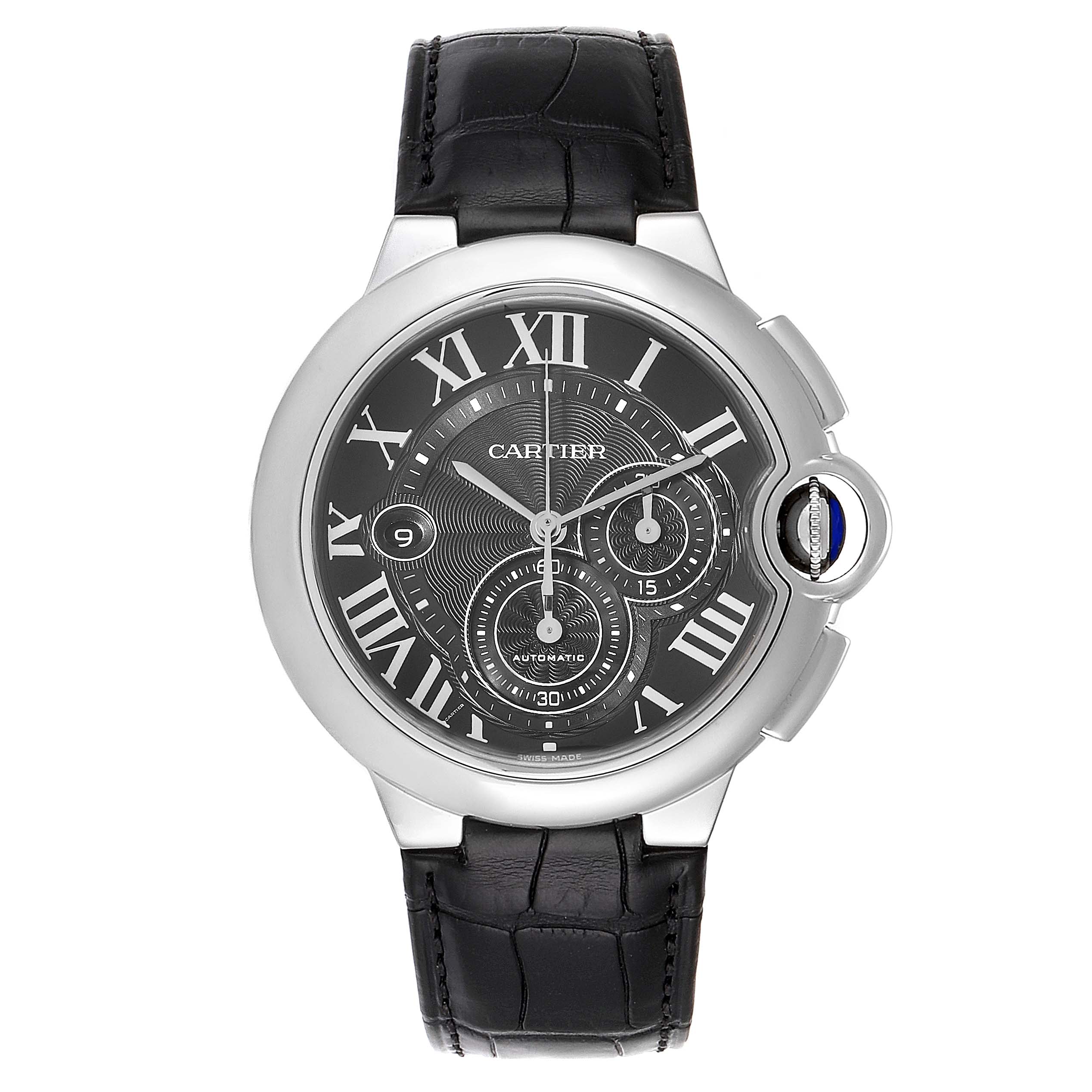 This image shows a front view of the Cartier Ballon Bleu W6920052 Men's Stainless Steel Black Dial W6920052 Men's Stainless Steel Black Dial watch, highlighting the face, black strap, and crown.