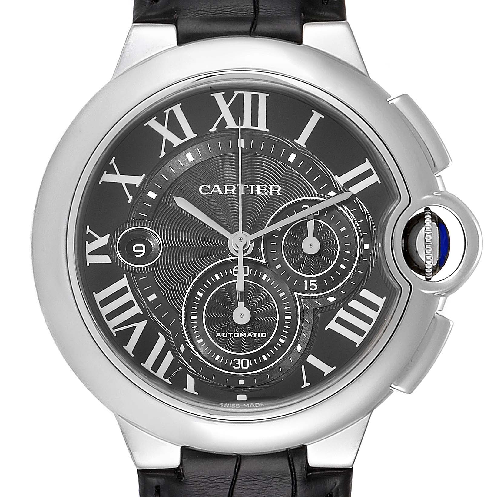 This image shows a close-up, front view of the dial and crown of the Ballon Bleu watch by Cartier.