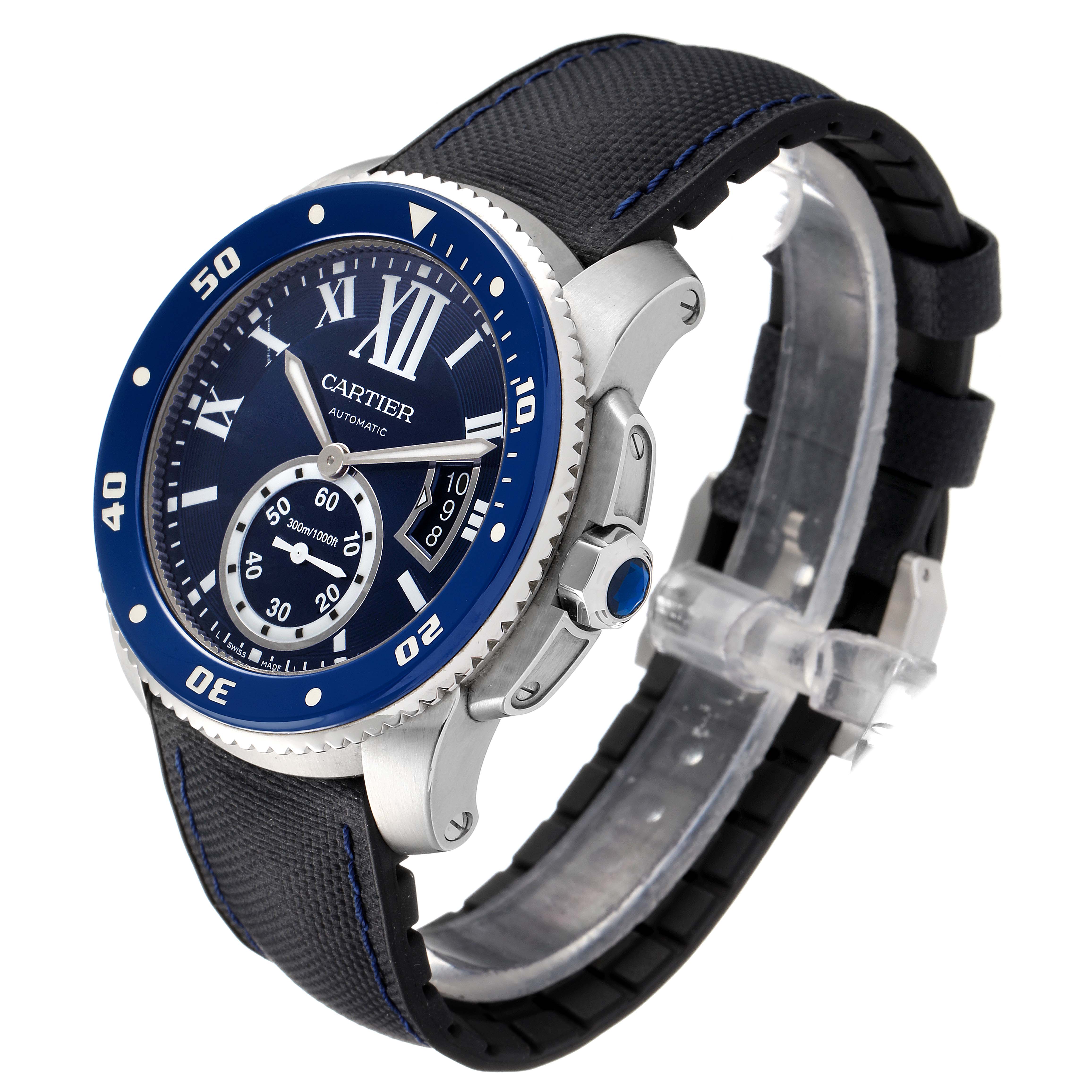 The image shows a Calibre de Cartier model by Cartier from an angled front view, highlighting the face, bezel, and strap. 