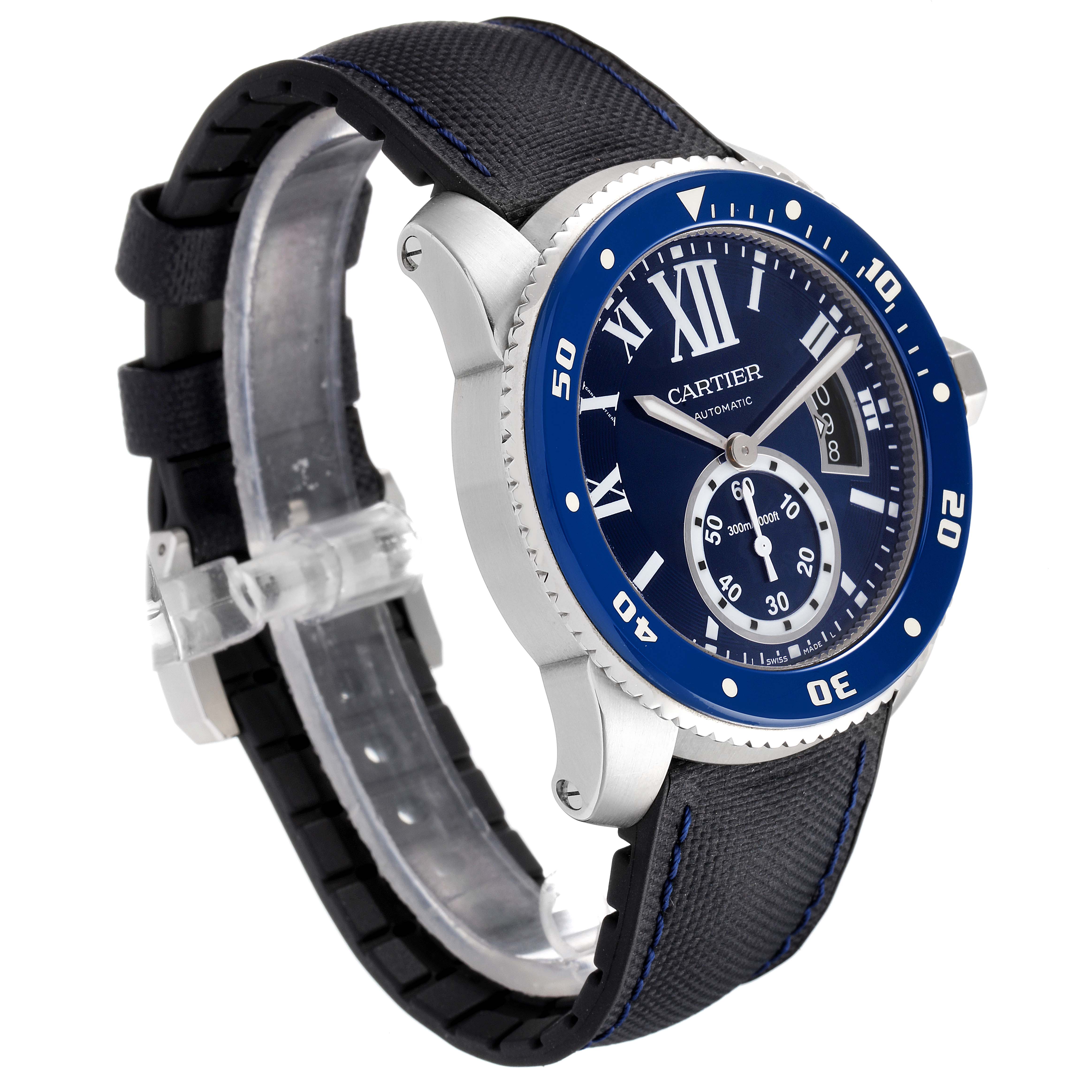The image shows a side angle of the Calibre de Cartier watch by Cartier, highlighting its blue bezel, dial, and black strap.