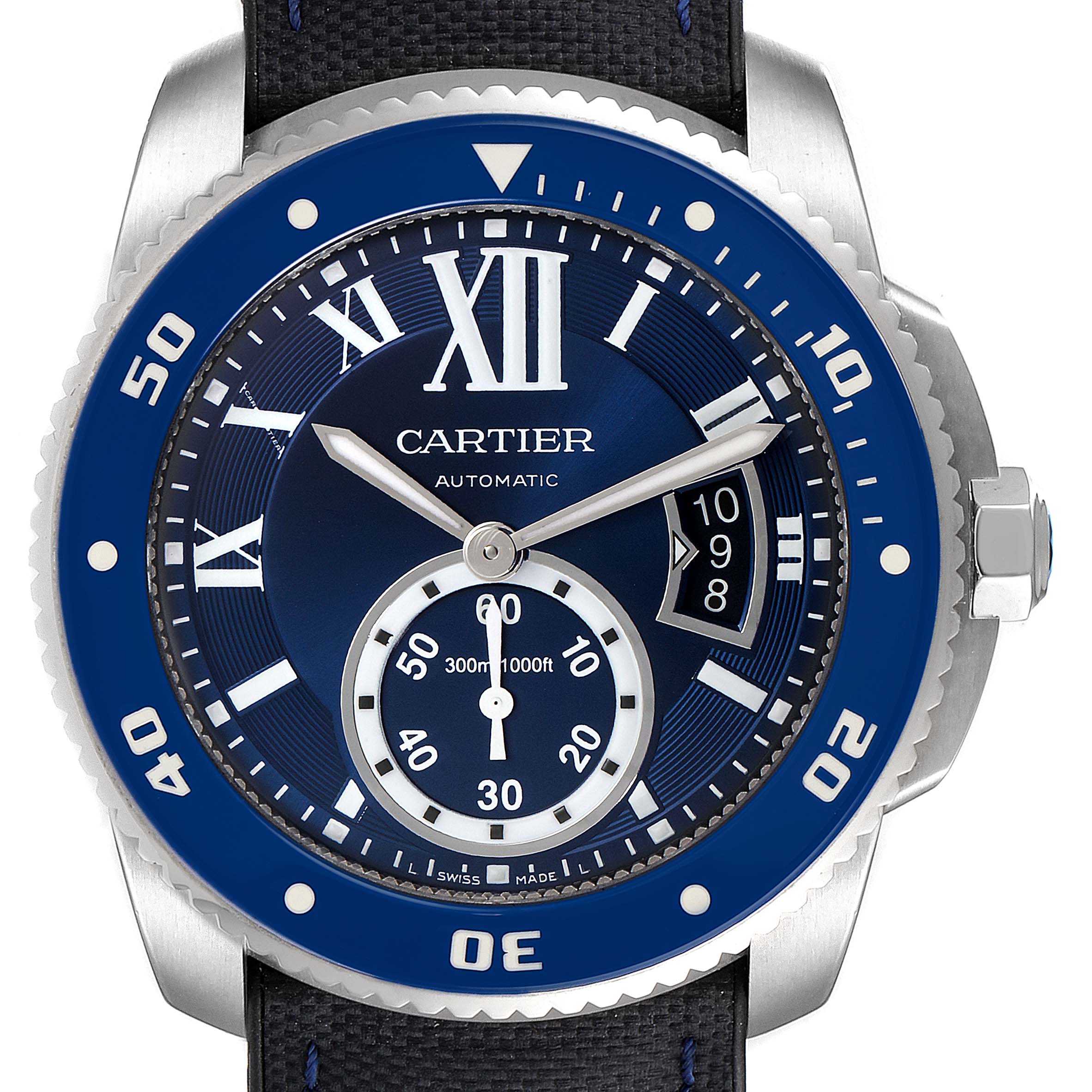 This is a frontal view of the Calibre de Cartier watch by Cartier, showing the dial, bezel, and strap attachment.