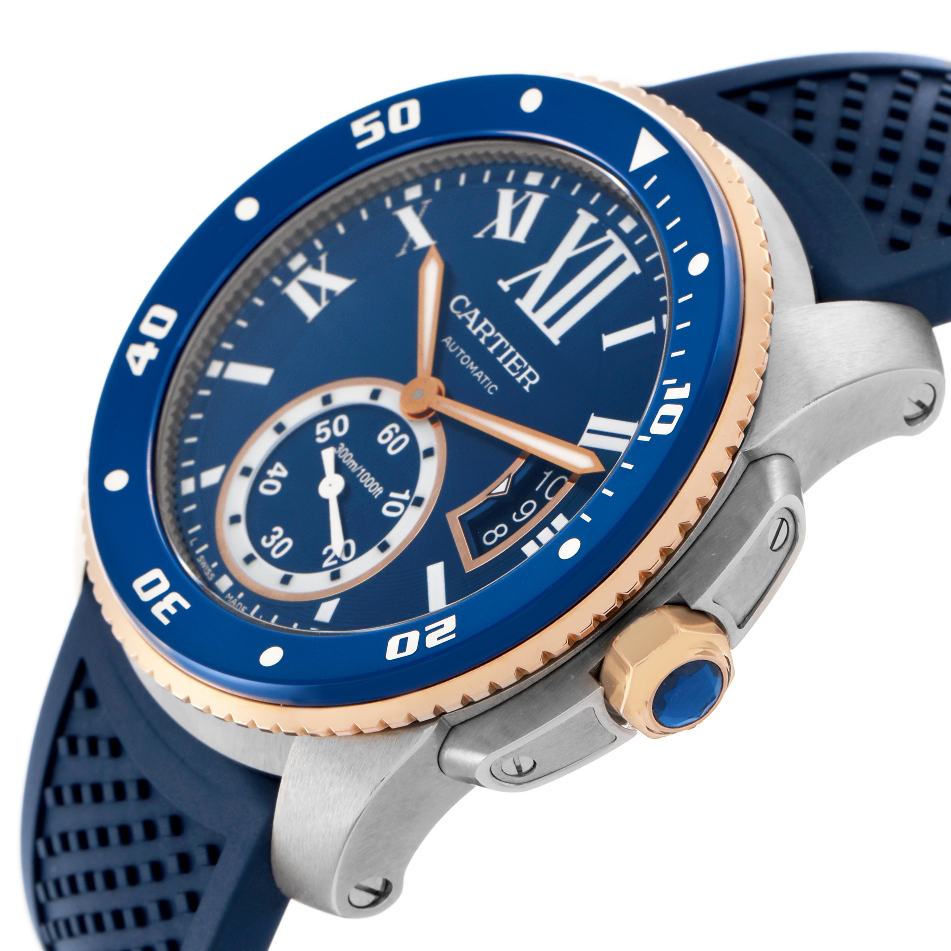 The Calibre de Cartier watch is shown at a slight angle, highlighting the bezel, crown, and strap.