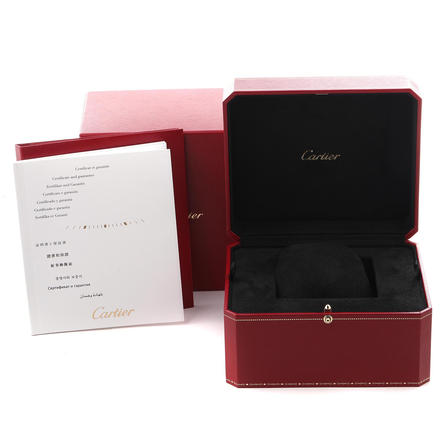 The image shows a red Cartier box and warranty booklet for the Calibre de Cartier model, with the box open to reveal a black interior.