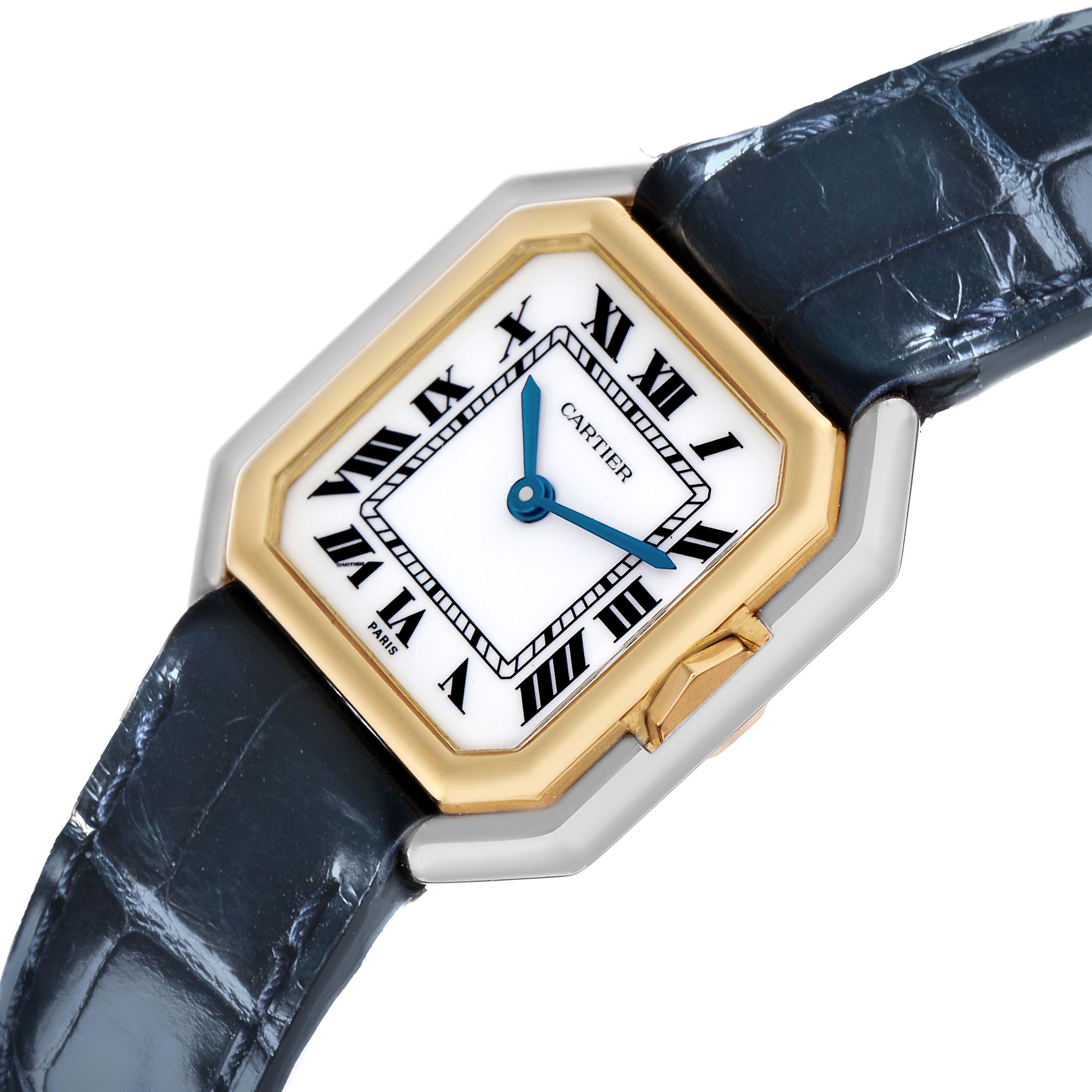 The Cartier Ceinture 78100 Women
s Steel and Gold (two tone) White Dial 78100 Women
s Steel and Gold (two tone) White Dial watch is shown at an angled view, displaying the face, Roman numerals, blue hands, and a leather strap.