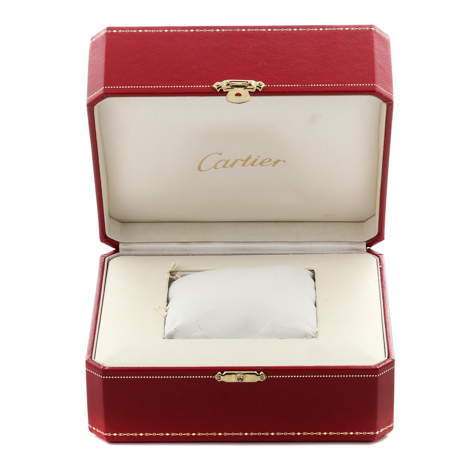 The image shows an open Cartier watch box for the Ceinture model, revealing its interior cushion.