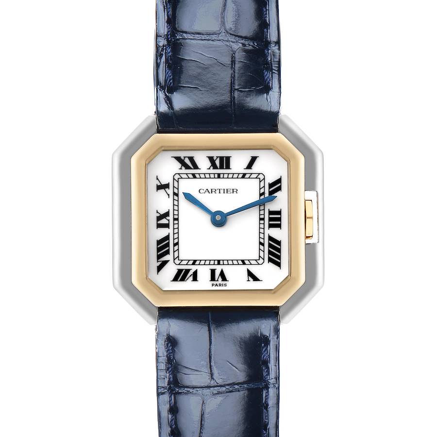 The Cartier Ceinture watch is shown from the front, displaying its square face, Roman numeral dial, blue hands, and leather strap.