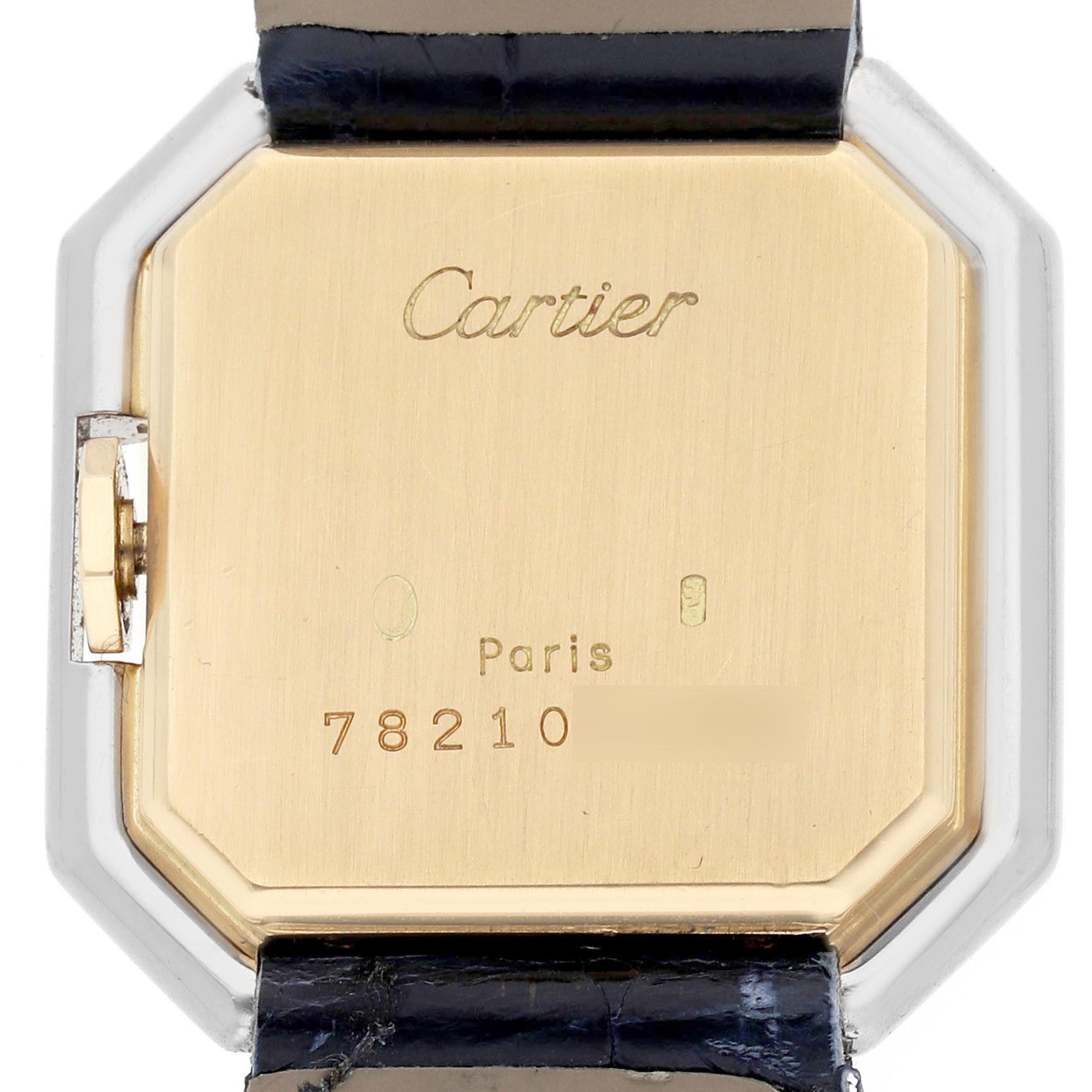 The image shows the back of a Cartier Ceinture 78100 Women
s Steel and Gold (two tone) White Dial 78100 Women
s Steel and Gold (two tone) White Dial watch, highlighting the case back, engraving, and strap attachment.