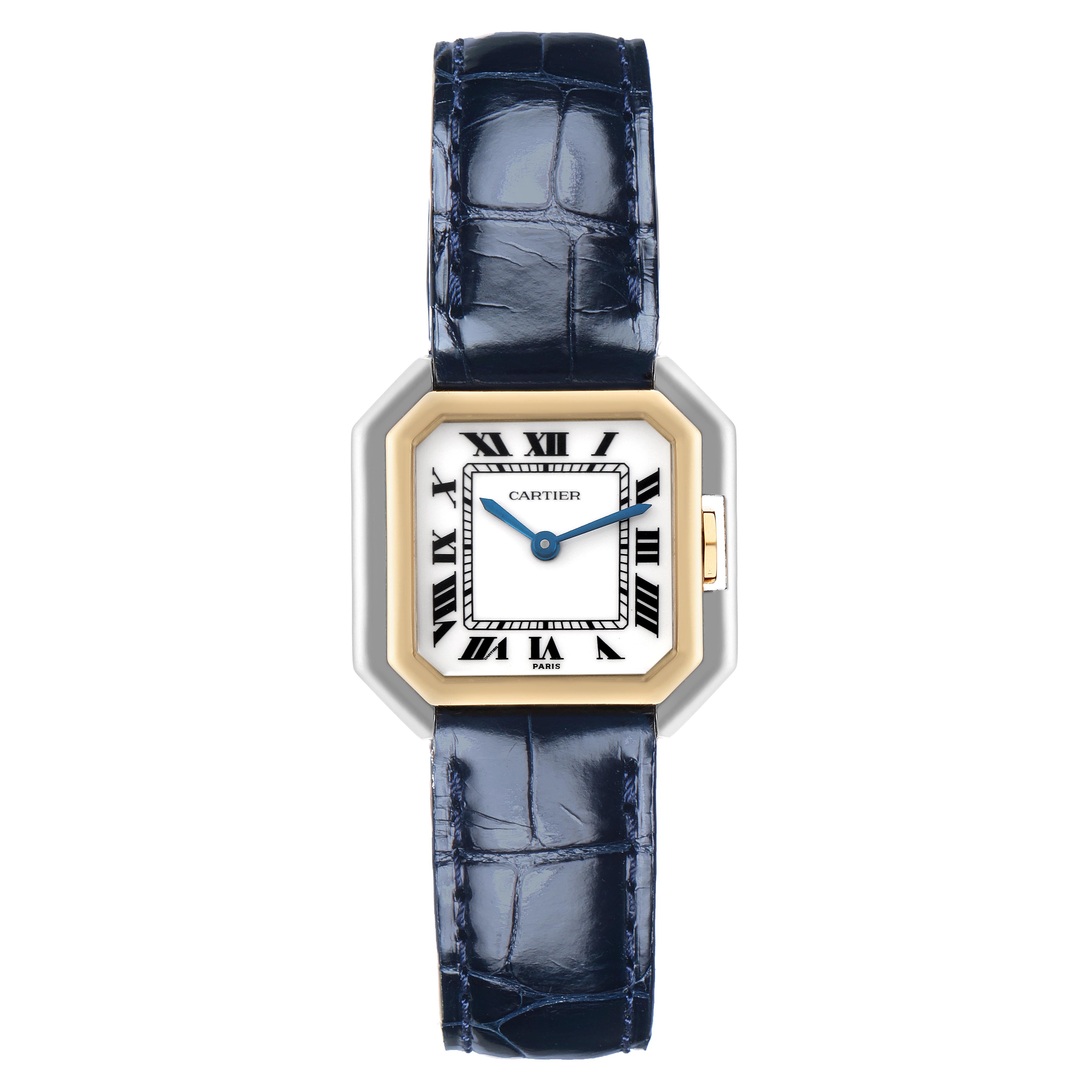 The Cartier Ceinture 78100 Women
s Steel and Gold (two tone) White Dial 78100 Women
s Steel and Gold (two tone) White Dial watch is shown from a top-down angle, highlighting the dial, bezel, and leather strap.