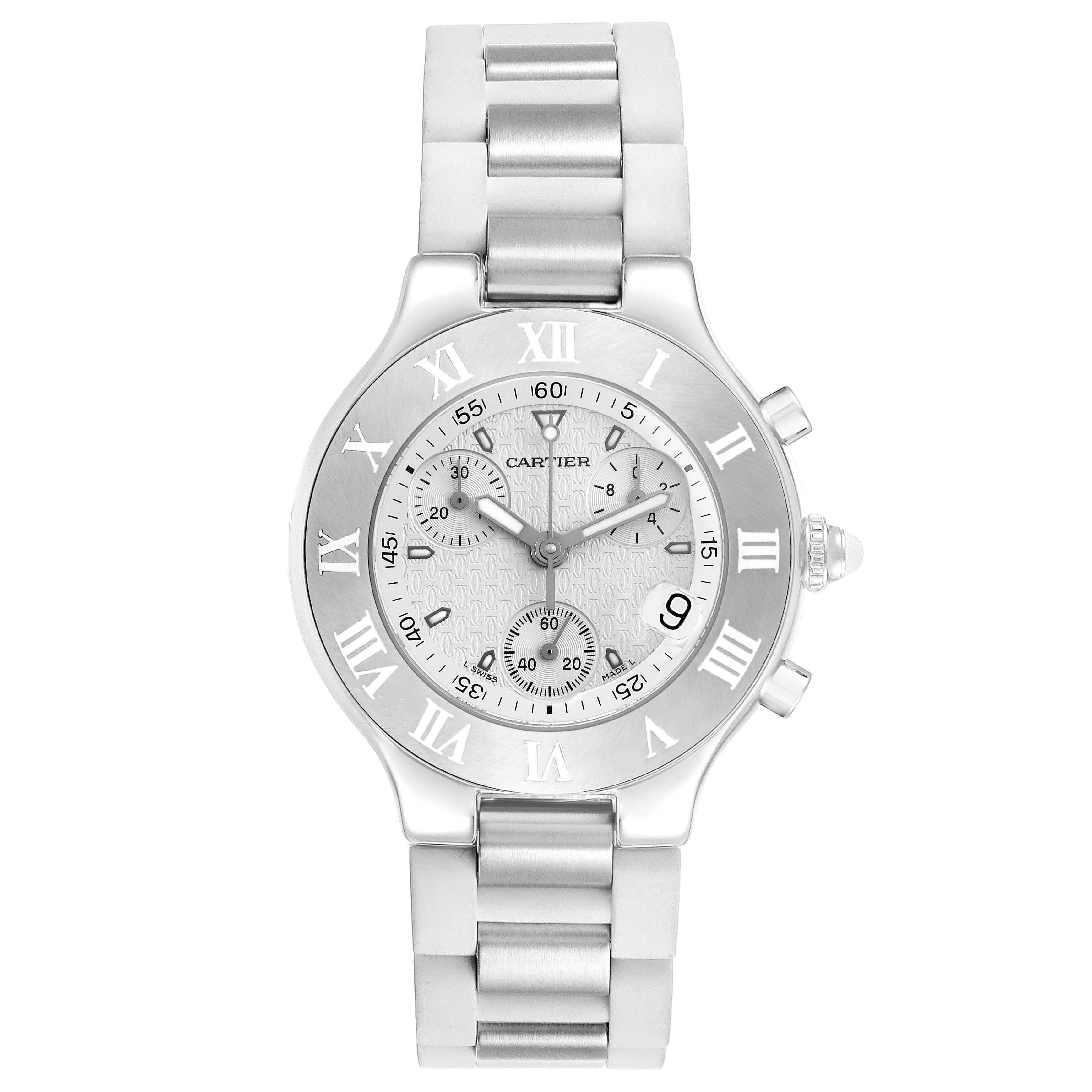 The Cartier Must 21 W10184U2 Women's Stainless Steel White Dial watch is shown from a front angle, displaying the face, bezel, and part of the metal bracelet.