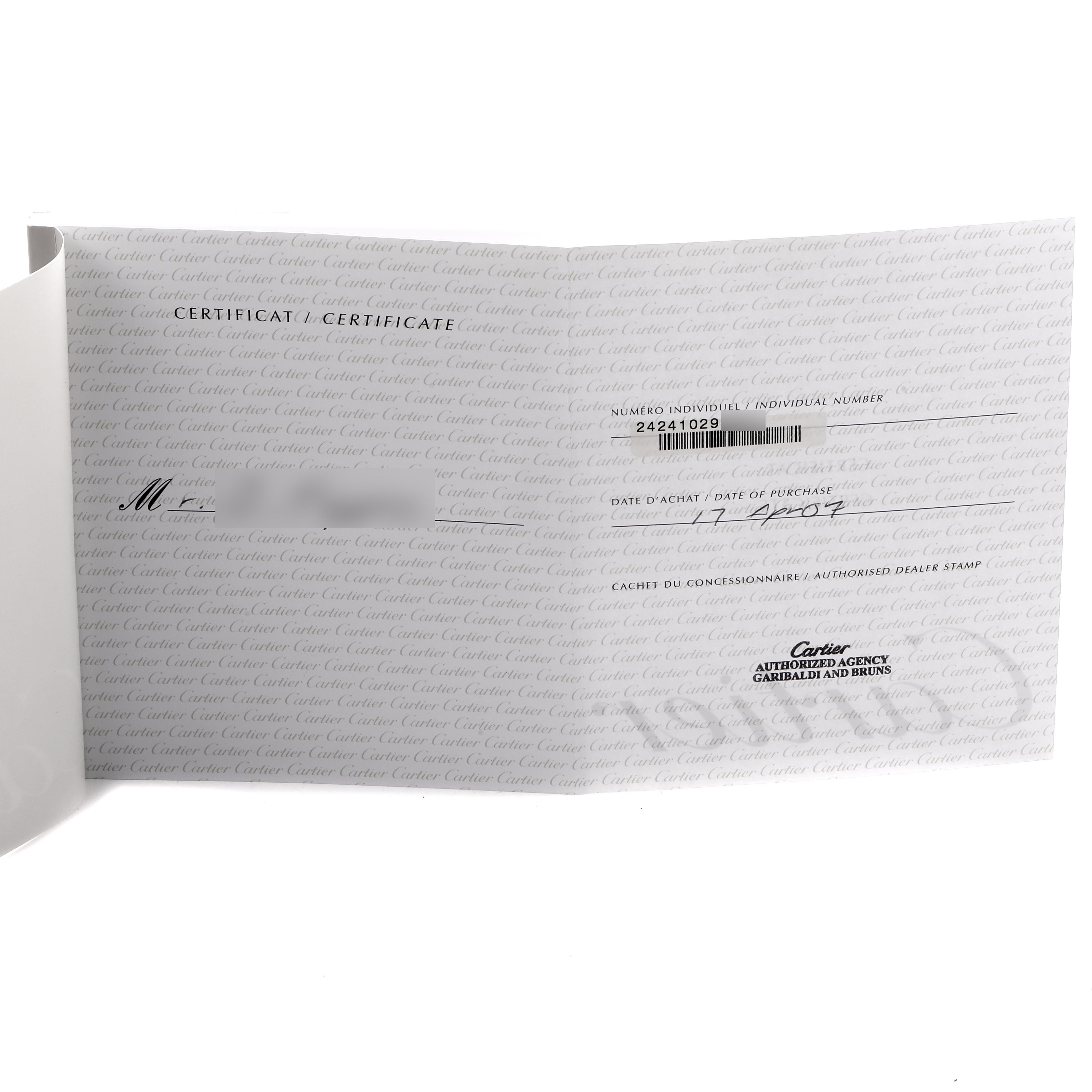 The image shows the certificate for the Must 21 watch by Cartier, highlighting the purchase date and dealer stamp.