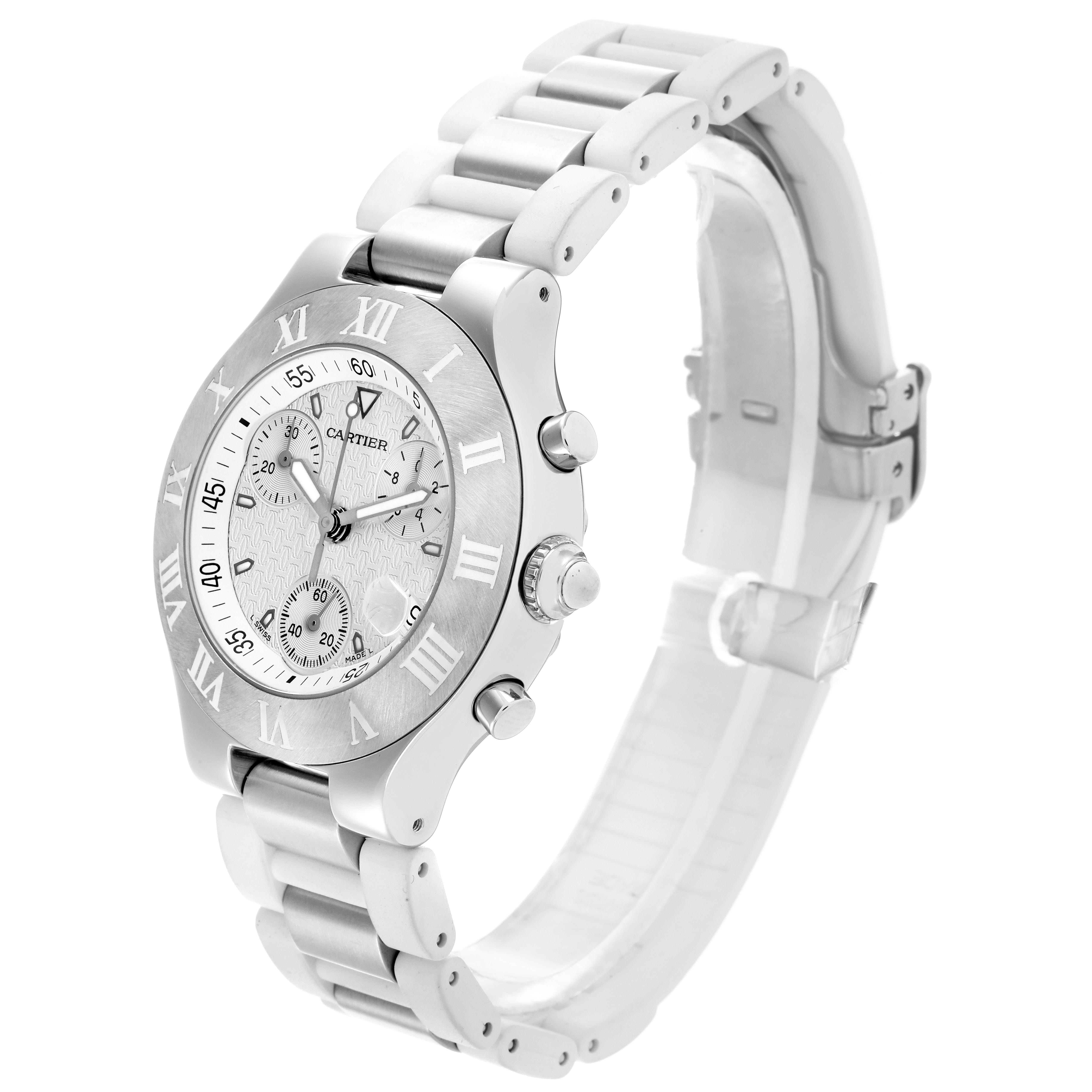 The Cartier Must 21 W10184U2 Women's Stainless Steel White Dial watch is shown at an angle highlighting the face, bezel with Roman numerals, and bracelet links.