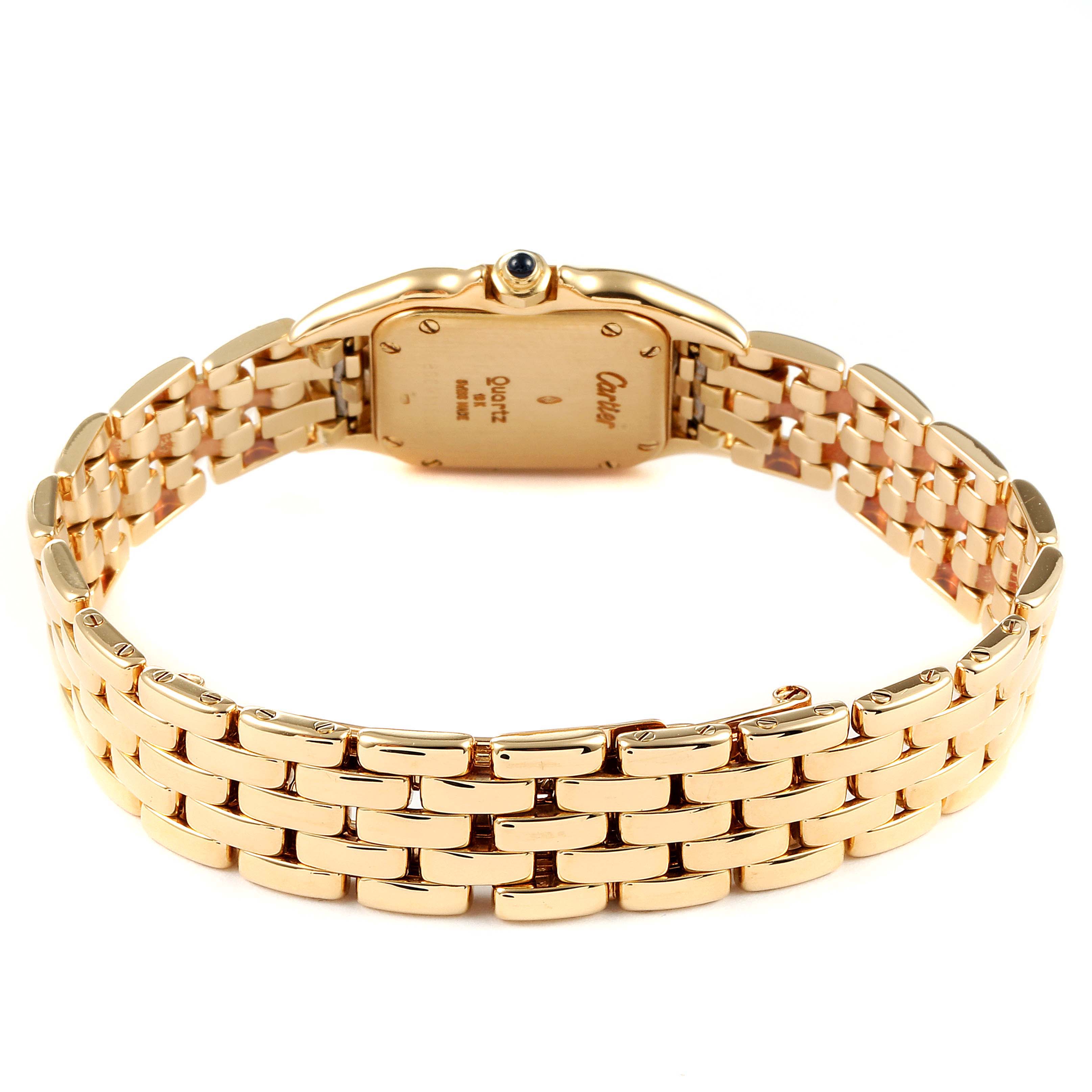 The image shows the back and band of a Cartier Panthere W25022B9 Women's Yellow Gold Silver Dial W25022B9 Women's Yellow Gold Silver Dial watch, highlighting its gold bracelet and case back.