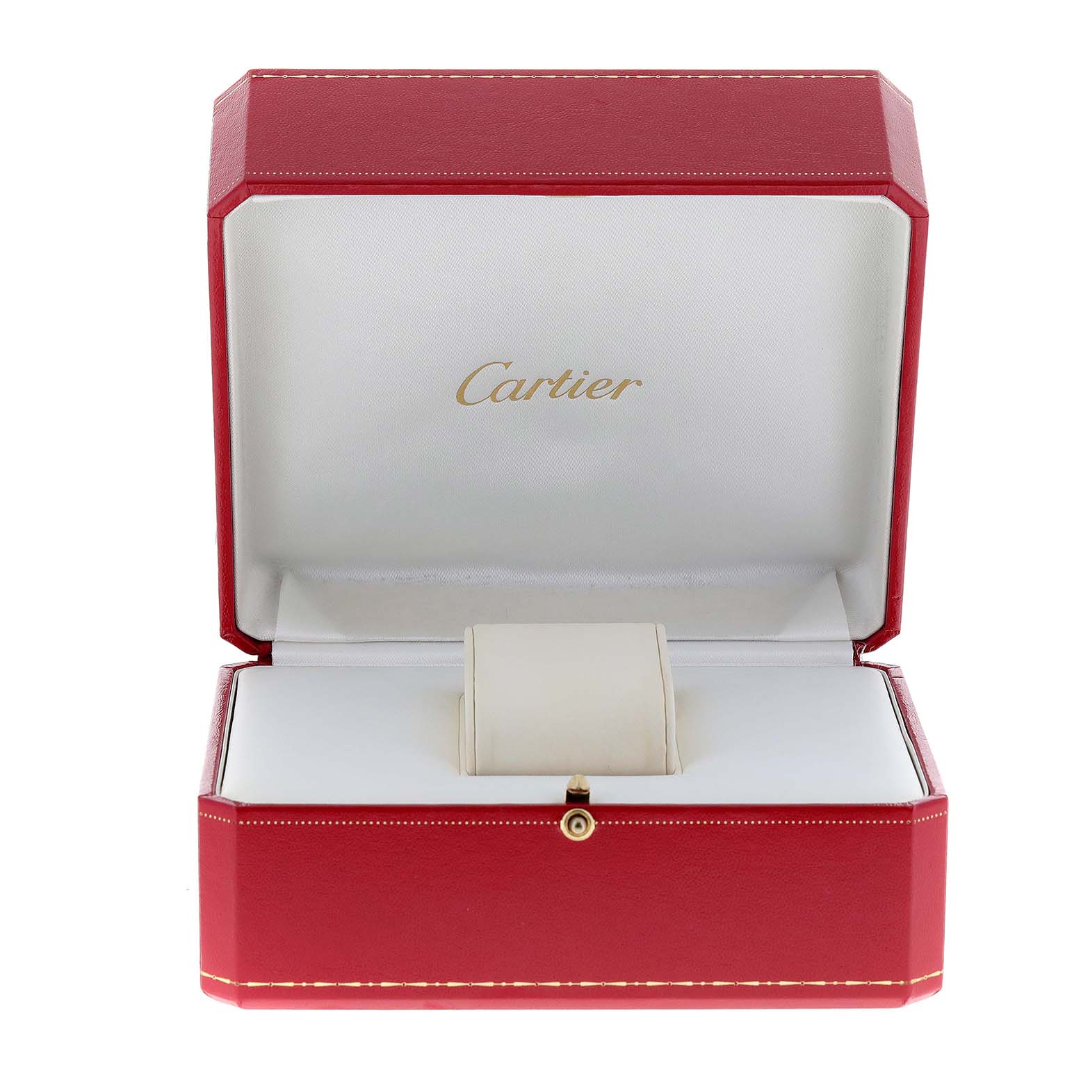 The image shows an empty red and white Cartier watch box for the Panthere model, with a watch pillow inside.