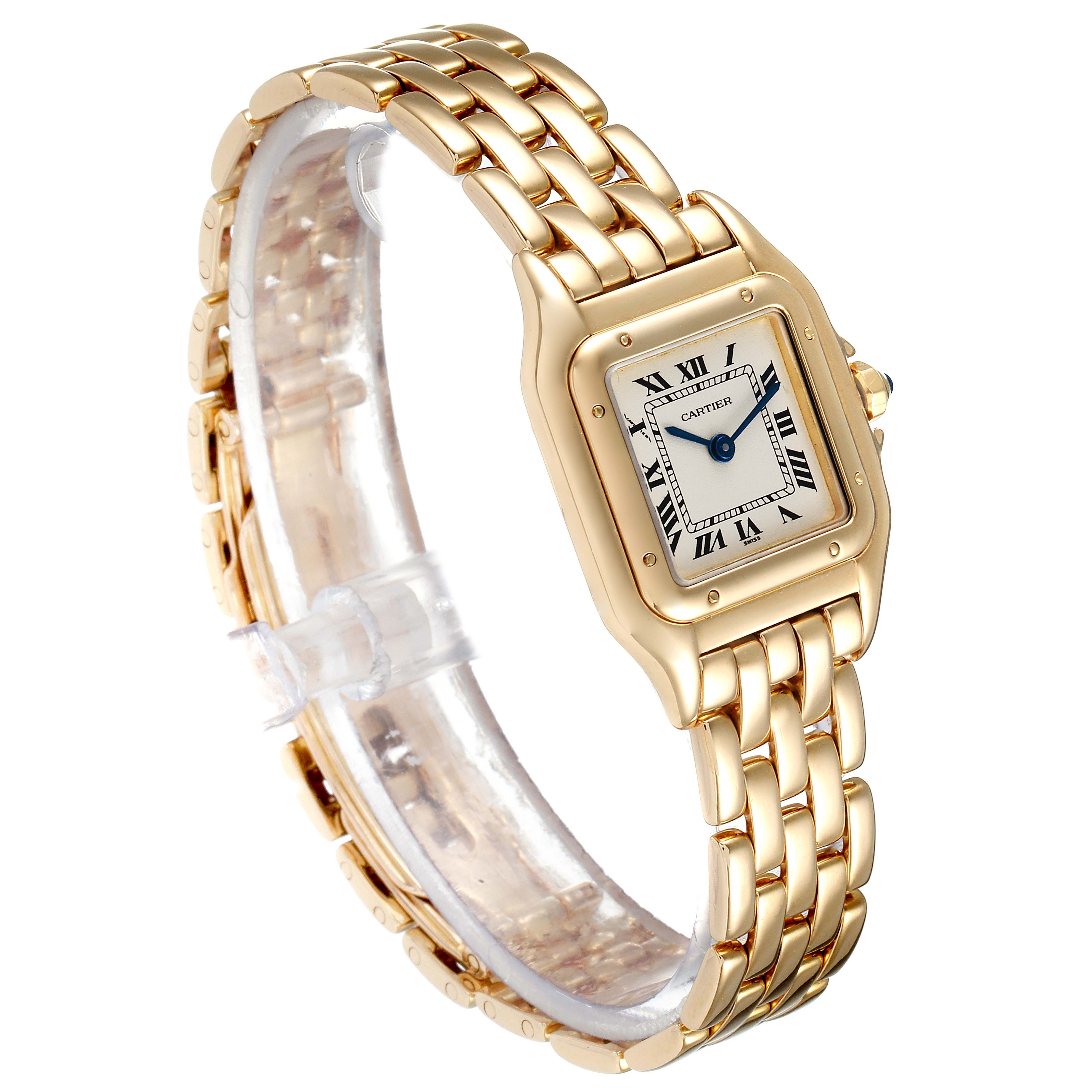 The image shows a Cartier Panthere W25022B9 Women's Yellow Gold Silver Dial W25022B9 Women's Yellow Gold Silver Dial watch at a three-quarter angle, highlighting its gold bracelet and square dial with Roman numerals.