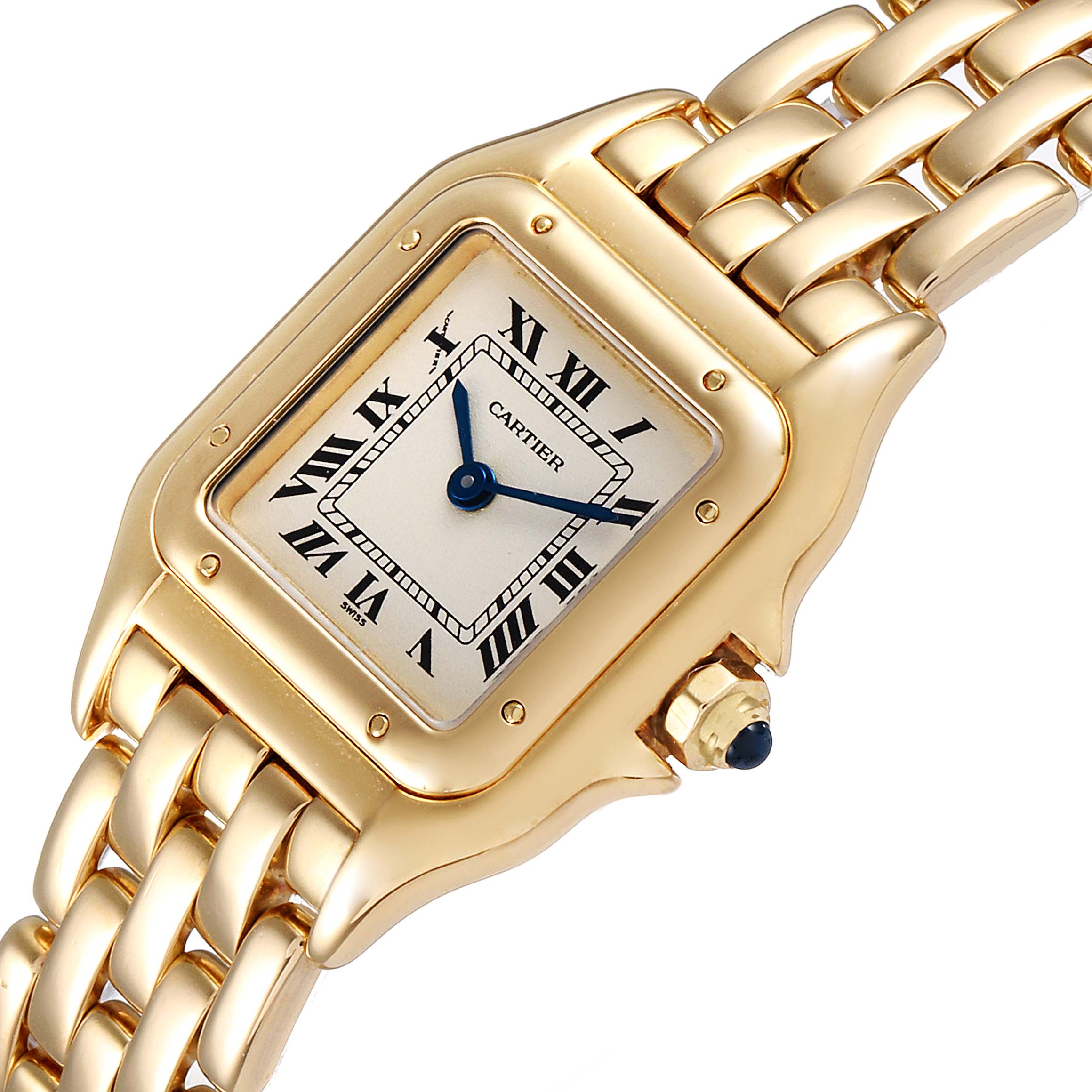 This image shows a close-up view of the dial, case, and part of the bracelet of a Cartier Panthere W25022B9 Women's Yellow Gold Silver Dial W25022B9 Women's Yellow Gold Silver Dial watch.