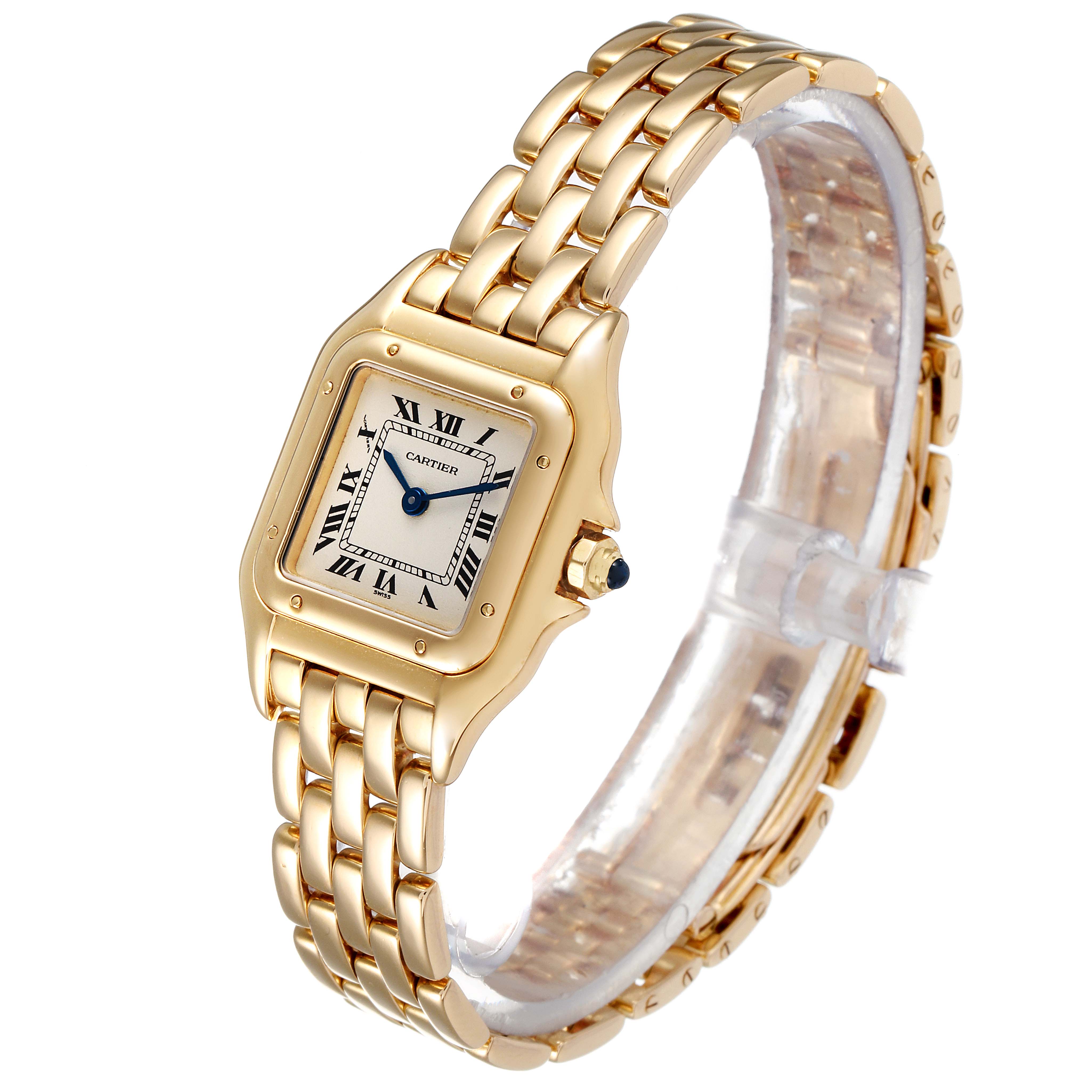 The image shows a gold Cartier Panthere W25022B9 Women's Yellow Gold Silver Dial W25022B9 Women's Yellow Gold Silver Dial model watch with a square face angled slightly to display the side and bracelet.