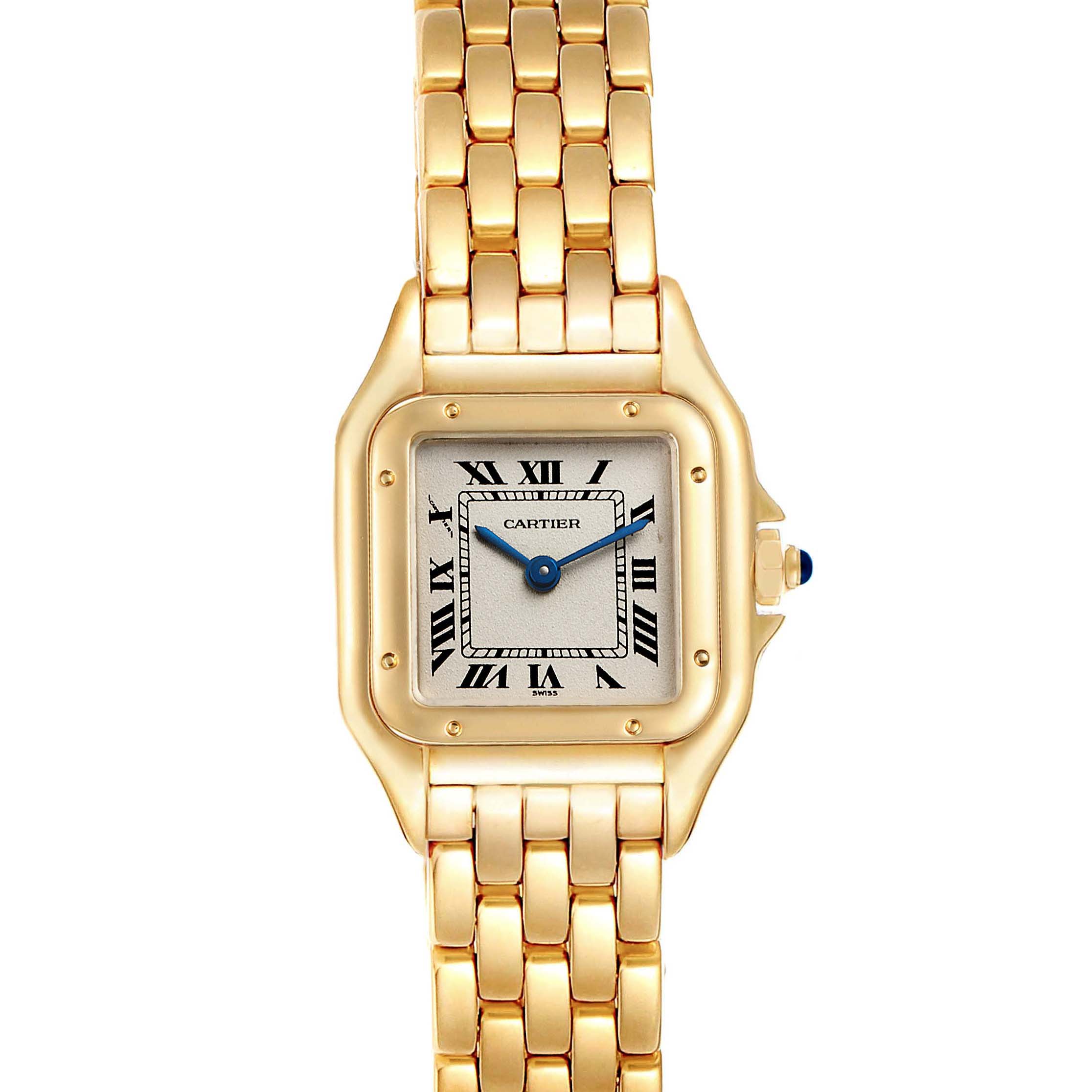 This image shows a front view of the Cartier Panthere W25022B9 Women's Yellow Gold Silver Dial W25022B9 Women's Yellow Gold Silver Dial model watch, highlighting the face, bezel, and gold chain bracelet.