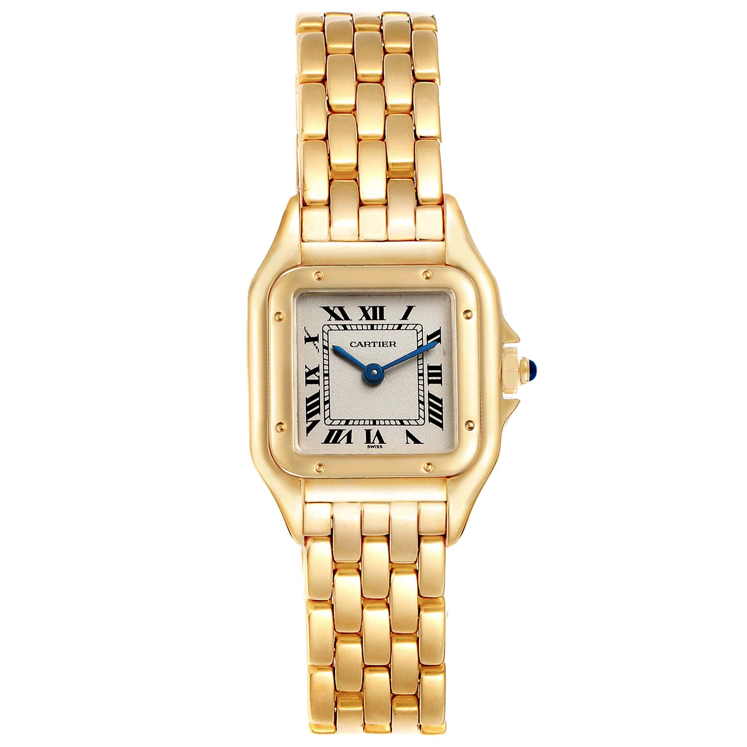 This Cartier Panthere W25022B9 Women's Yellow Gold Silver Dial W25022B9 Women's Yellow Gold Silver Dial model watch is shown from the front, showcasing its gold case and bracelet, and the rectangular dial with Roman numerals.
