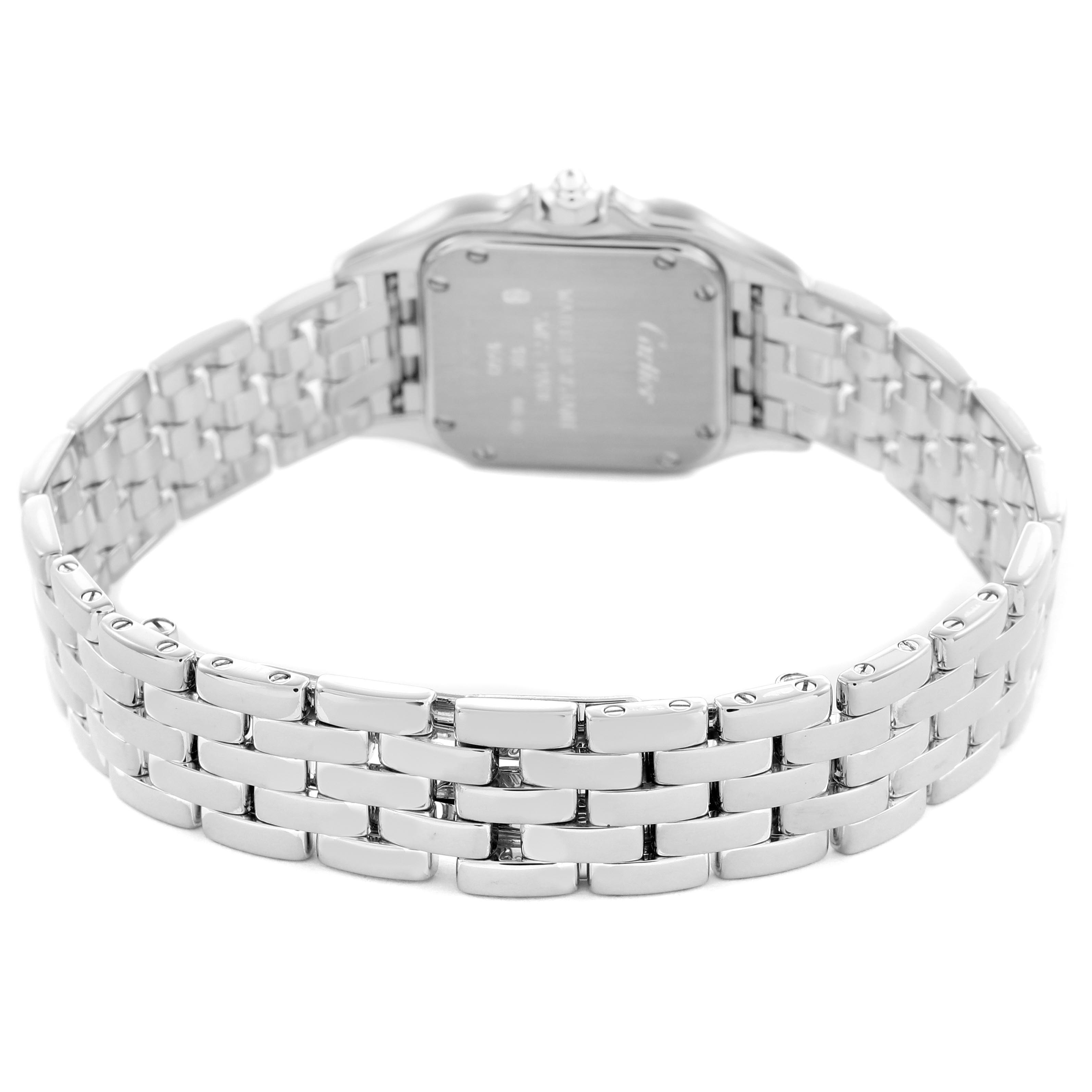 The image shows the back view of the Panthere de Cartier watch, highlighting the metal bracelet and case back.