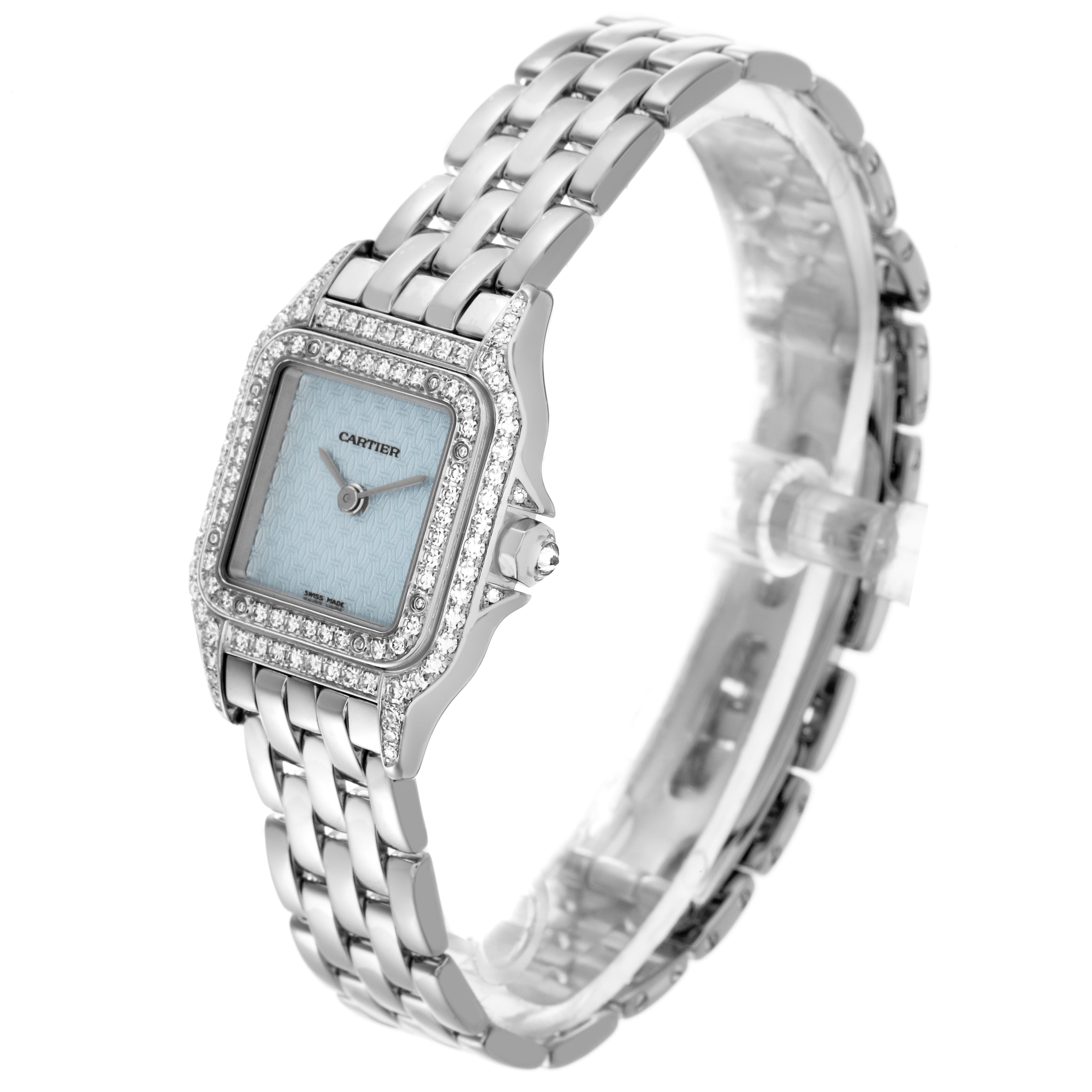 The Cartier Panthere WF3249F3 Women
s White Gold Blue Dial WF3249F3 Women
s White Gold Blue Dial watch is shown at an angle highlighting its diamond-set bezel, blue dial, and linked bracelet.