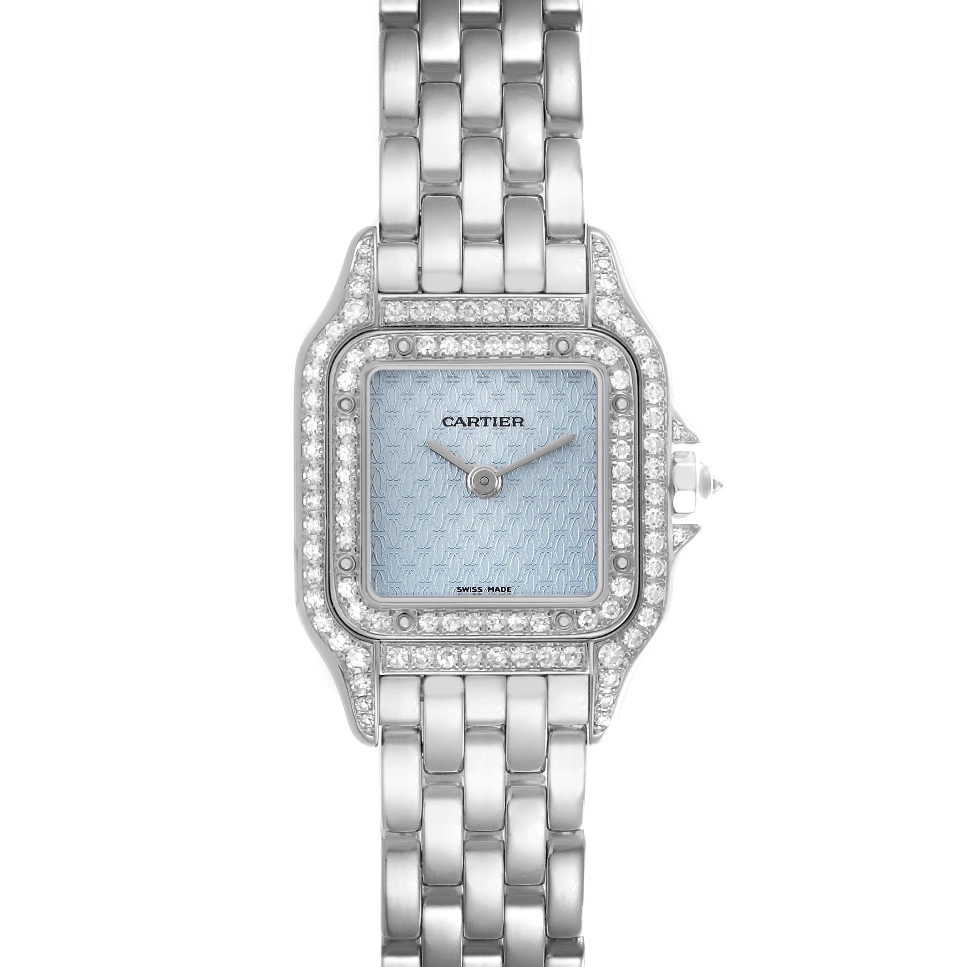 The Cartier Panthère watch is shown from a top-down angle, highlighting the face, bezel, and part of the bracelet.