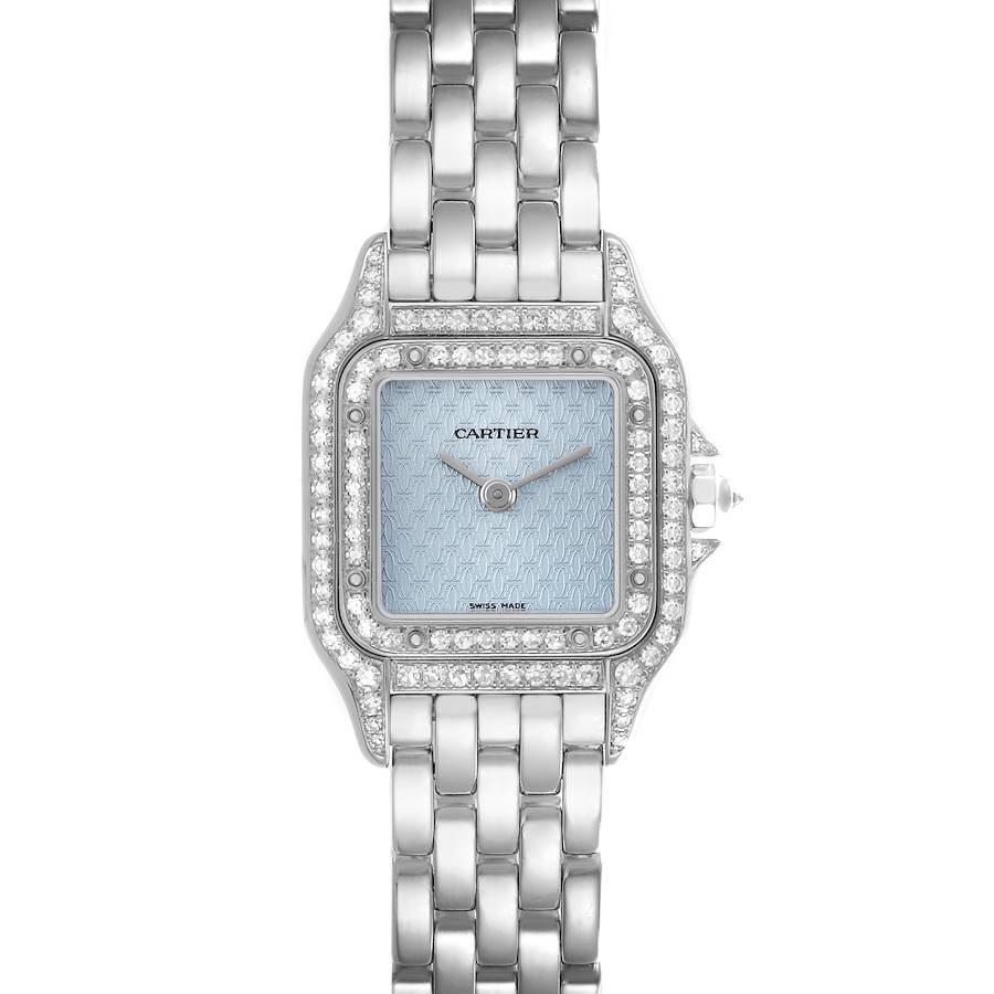 The Cartier Panthère watch is shown from a top-down angle, highlighting the face, bezel, and part of the bracelet.