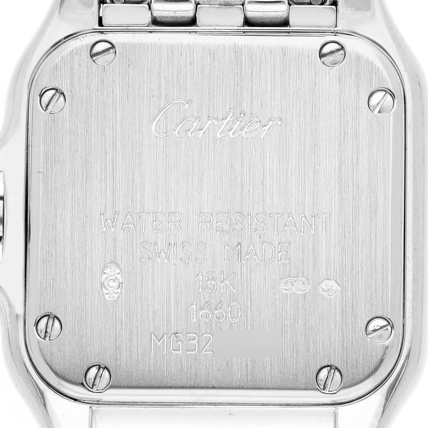 The image shows the back case of a Cartier Panthere WF3249F3 Women
s White Gold Blue Dial WF3249F3 Women
s White Gold Blue Dial watch with engraved details and screws.