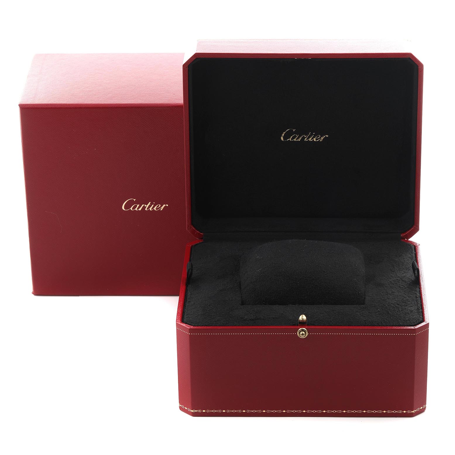 The image shows a Cartier Panthere WF3249F3 Women
s White Gold Blue Dial WF3249F3 Women
s White Gold Blue Dial watch box, open to display the interior cushion and lid, with the logo visible.