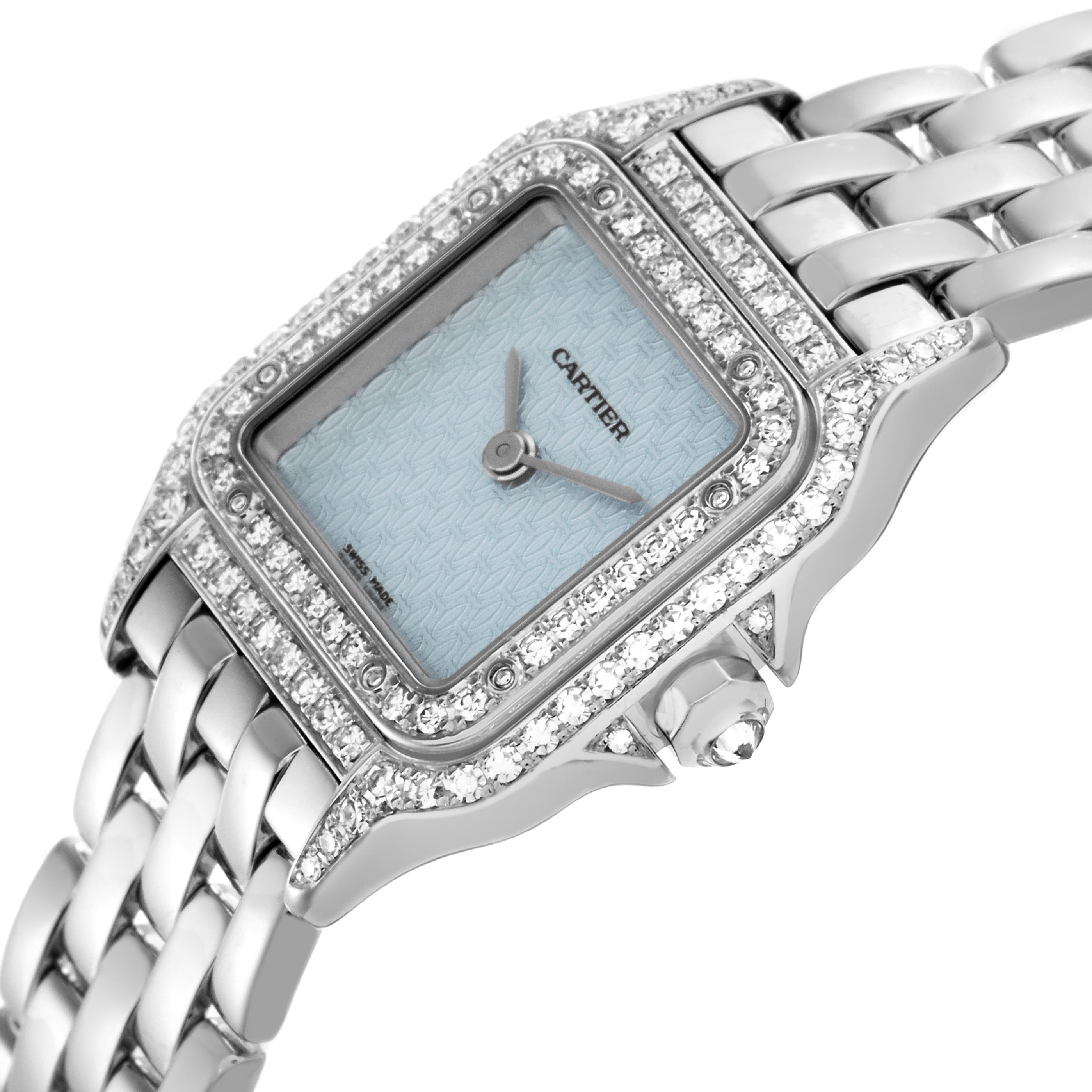 The image shows the Cartier Panthère watch at an angled view, highlighting the diamond-set bezel, dial, and bracelet design.