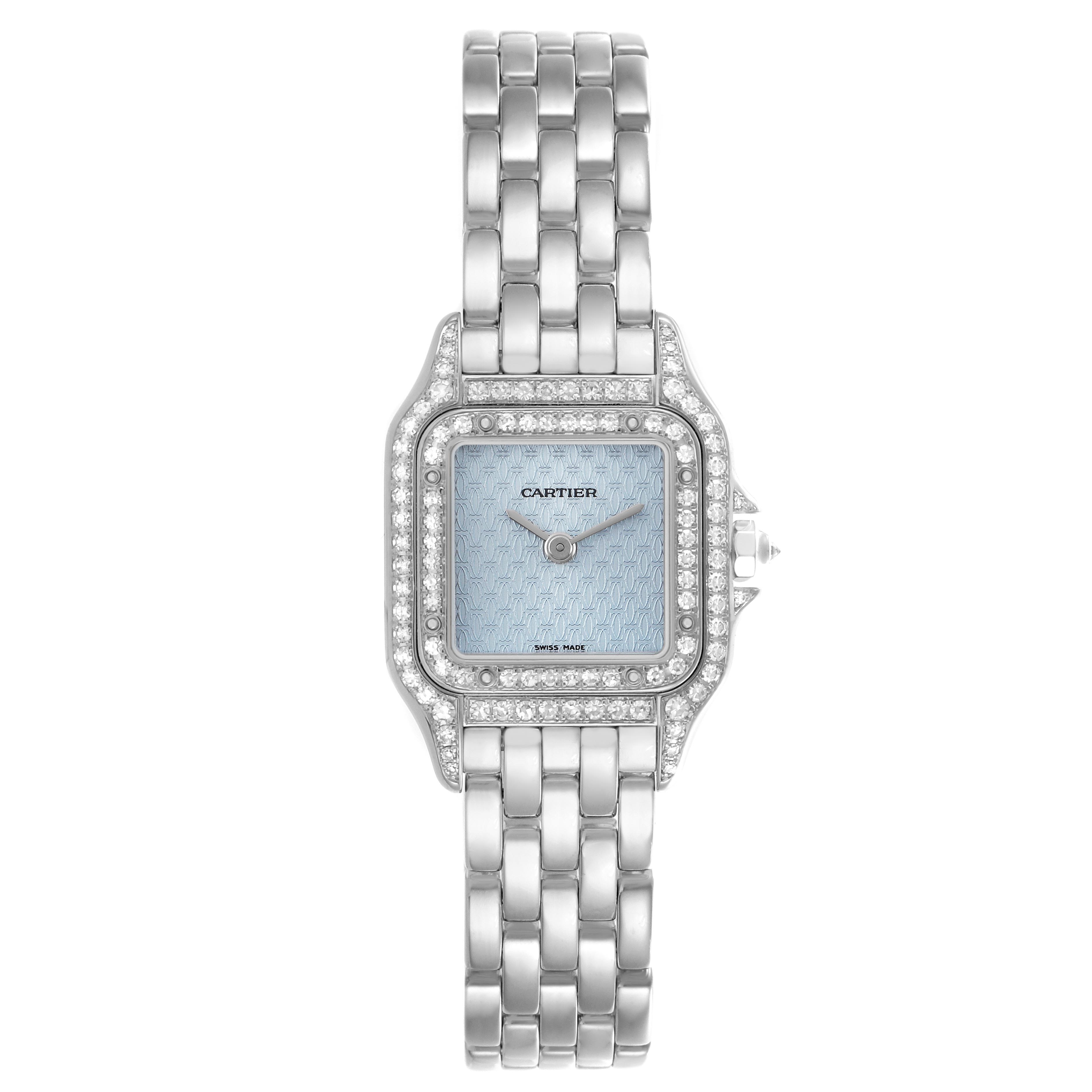The Cartier Panthere WF3249F3 Women
s White Gold Blue Dial WF3249F3 Women
s White Gold Blue Dial watch is shown from a top-down angle, highlighting its face, bezel, and metal bracelet.