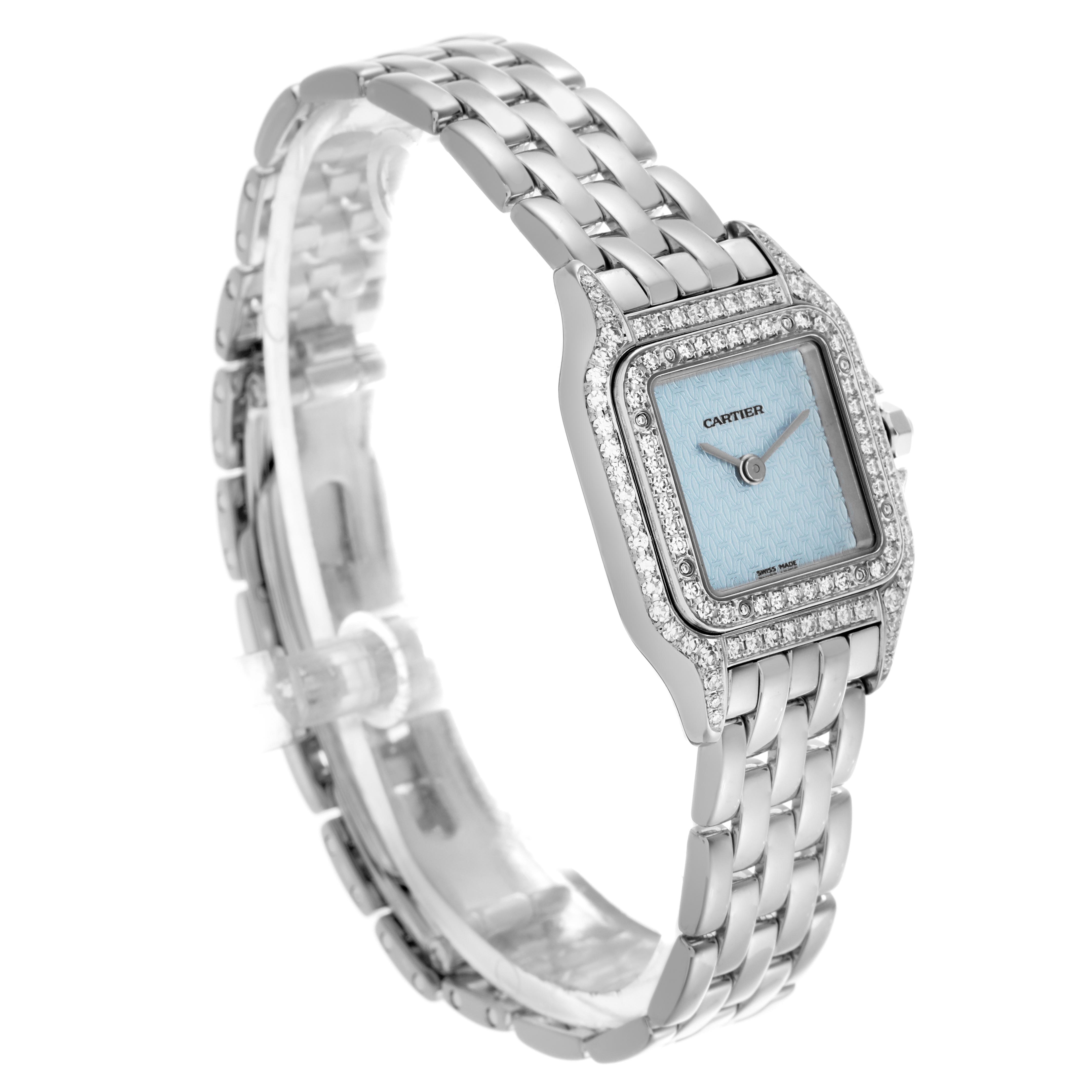 The Cartier Panthere WF3249F3 Women
s White Gold Blue Dial WF3249F3 Women
s White Gold Blue Dial watch is shown at a three-quarter angle, highlighting its face, bracelet, and diamond bezel.