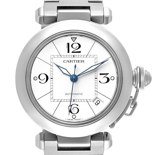 The Cartier Pasha W31074M7 Men's Stainless Steel White Dial watch is shown from the front, highlighting its round face, blue hands, and prominent crown.
