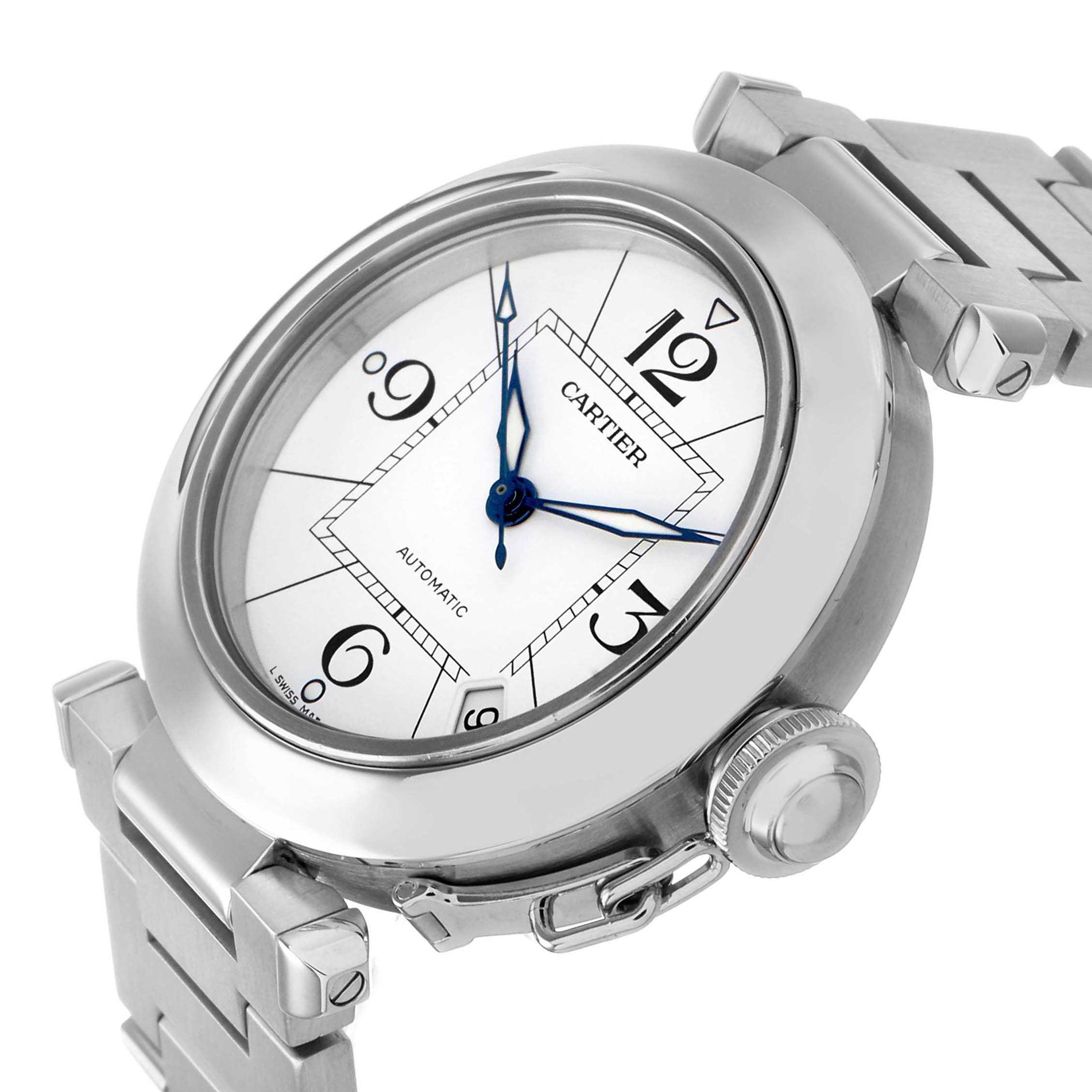 The Cartier Pasha W31074M7 Men's Stainless Steel White Dial watch is shown at an angled side view, highlighting the face, crown, and part of the bracelet.