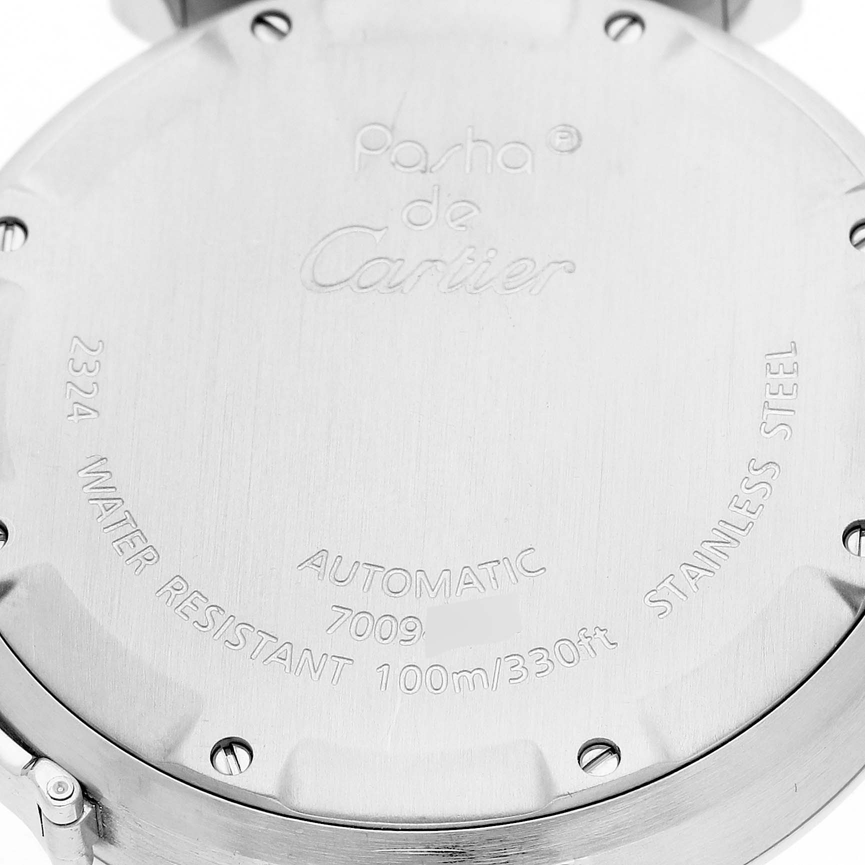 The image shows the case back of the Cartier Pasha W31074M7 Men's Stainless Steel White Dial watch, detailing its specifications.